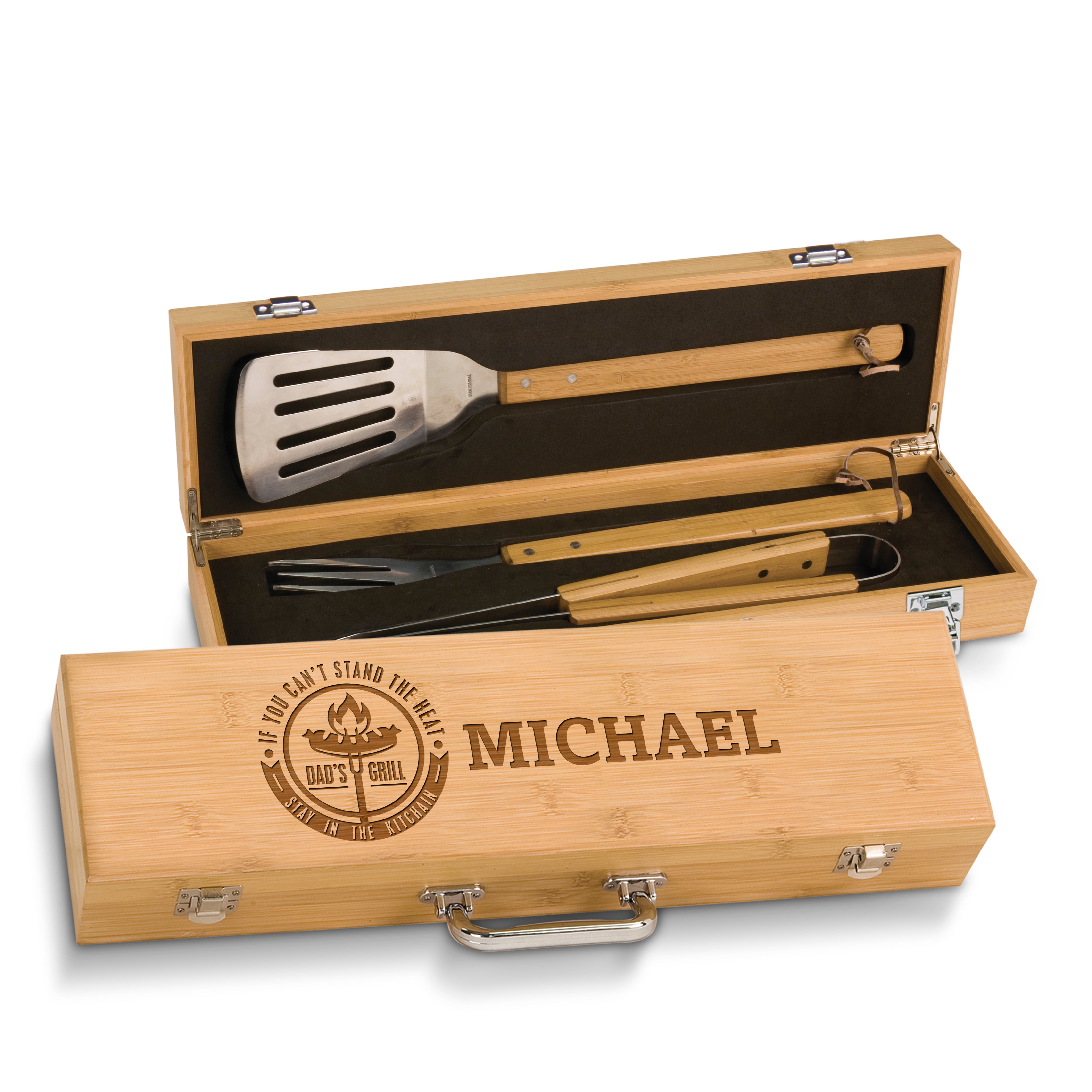 Personalized Laser Engraved Grill BBQ Gifts Set for Men, Dad, Father, Him - Barbecue Grilling Set with Grill Fork, Spatula and Tongs
