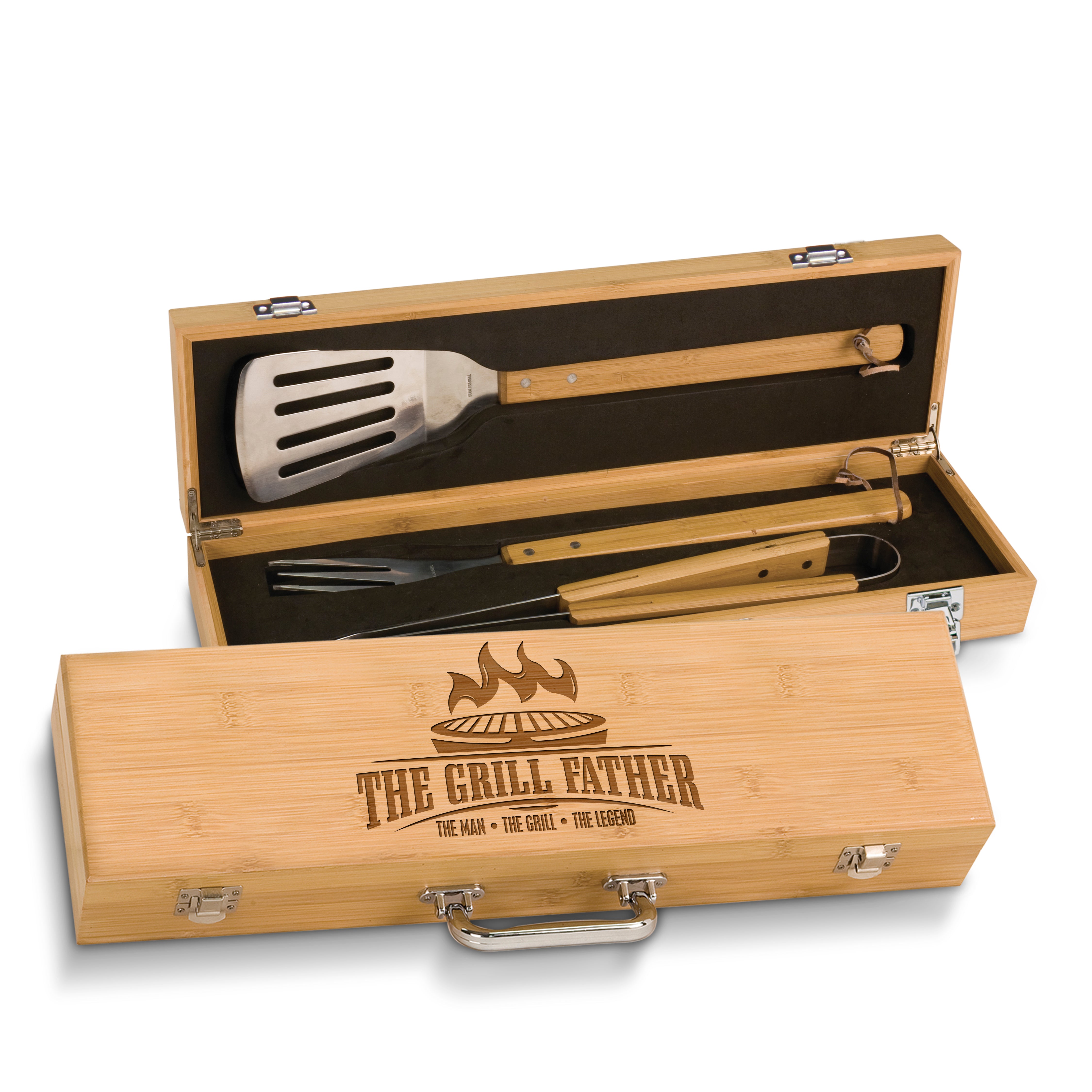 Personalized Laser Engraved Grill BBQ Gifts Set for Men, Dad, Father, Him - Barbecue Grilling Set with Grill Fork, Spatula and Tongs