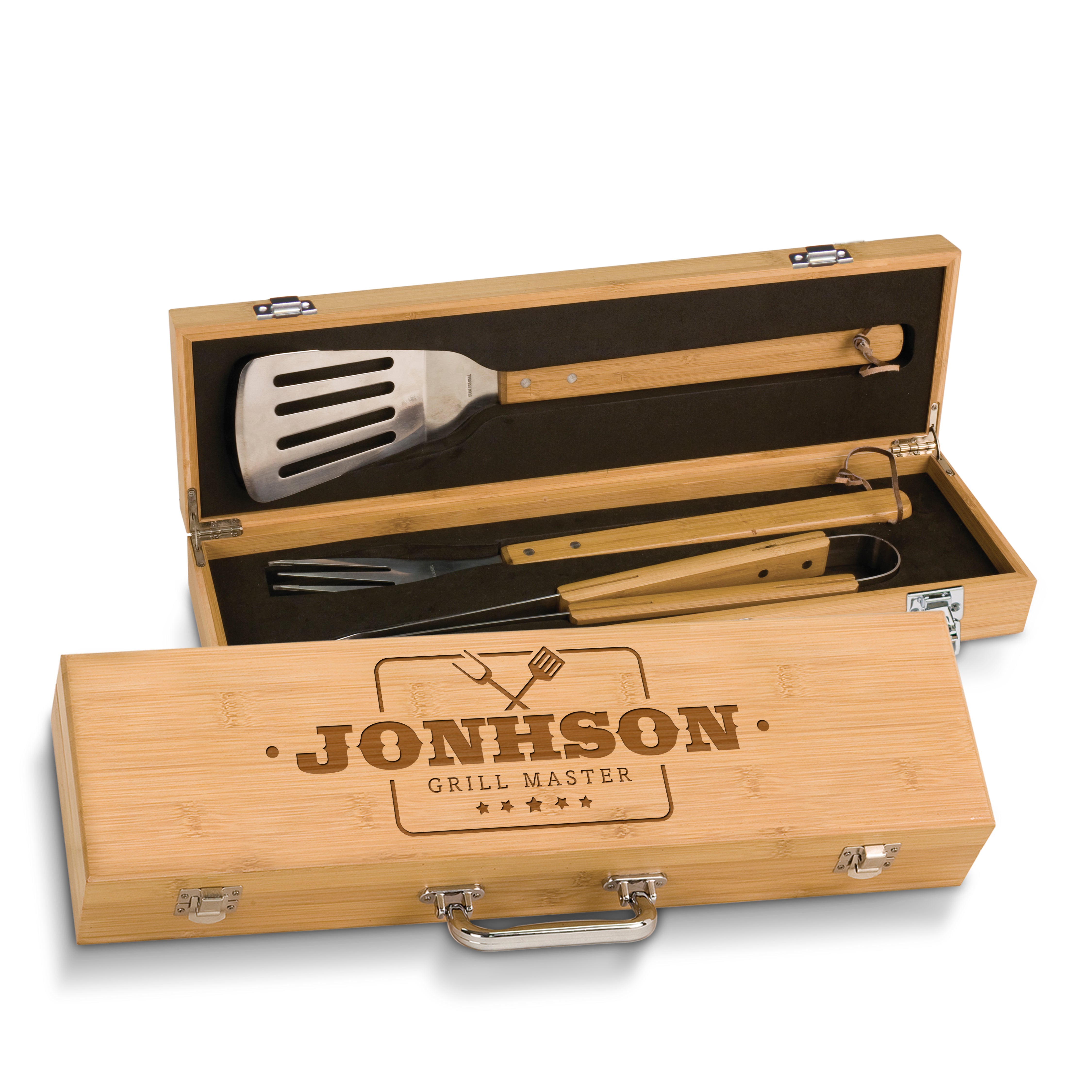 Personalized Laser Engraved Grill BBQ Gifts Set for Men, Dad, Father, Him - Barbecue Grilling Set with Grill Fork, Spatula and Tongs