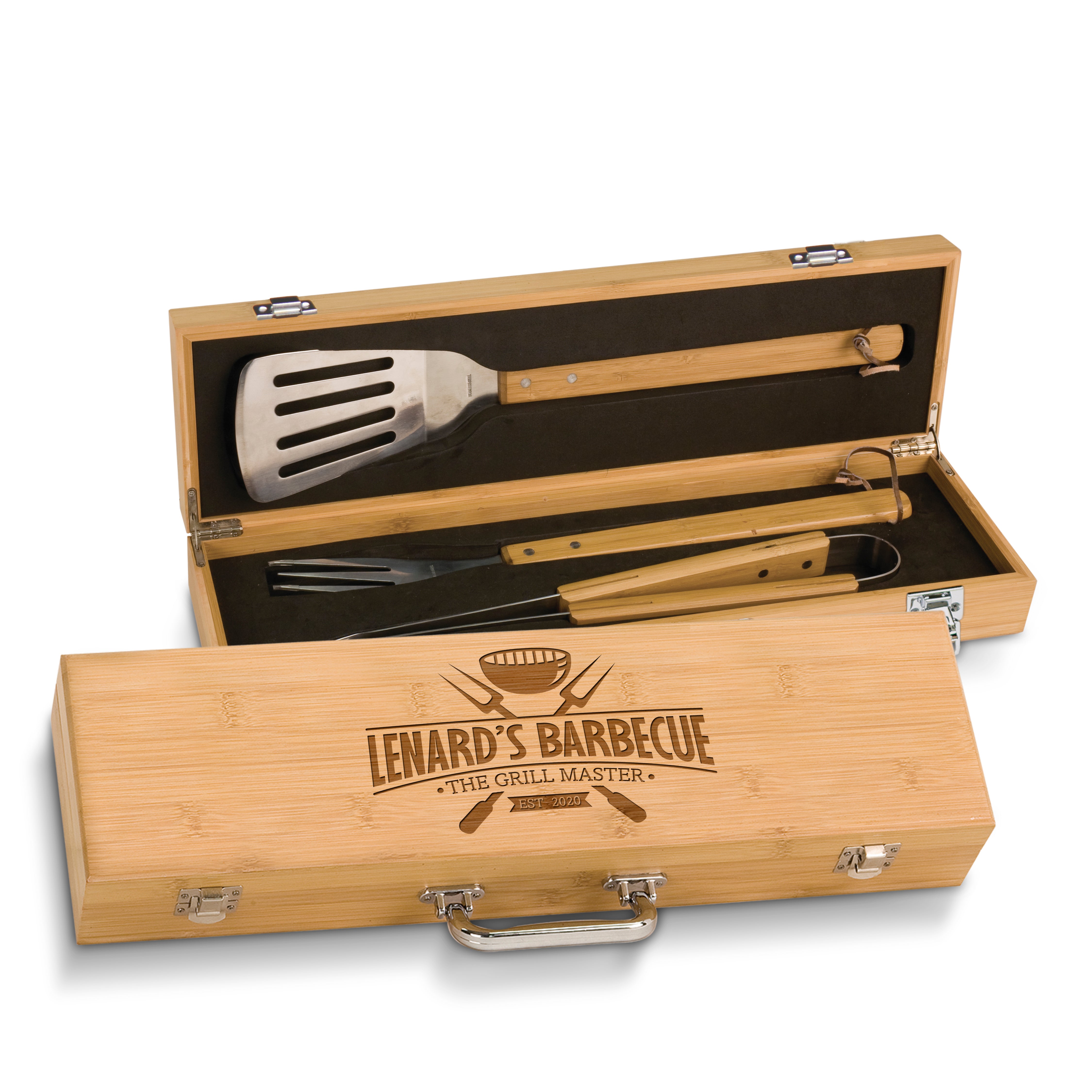 Personalized Laser Engraved Grill BBQ Gifts Set for Men, Dad, Father, Him - Barbecue Grilling Set with Grill Fork, Spatula and Tongs