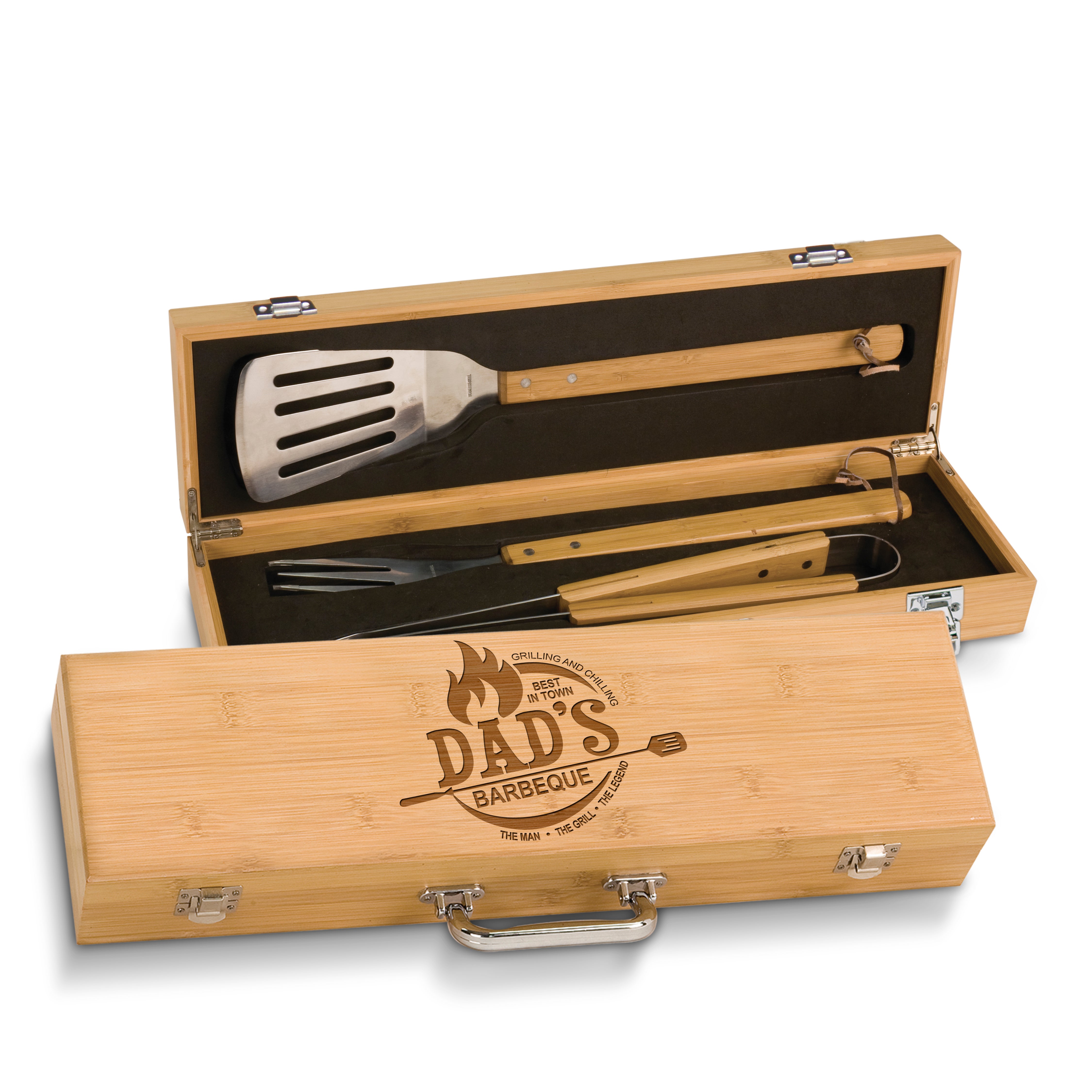 Personalized Laser Engraved Grill BBQ Gifts Set for Men, Dad, Father, Him - Barbecue Grilling Set with Grill Fork, Spatula and Tongs