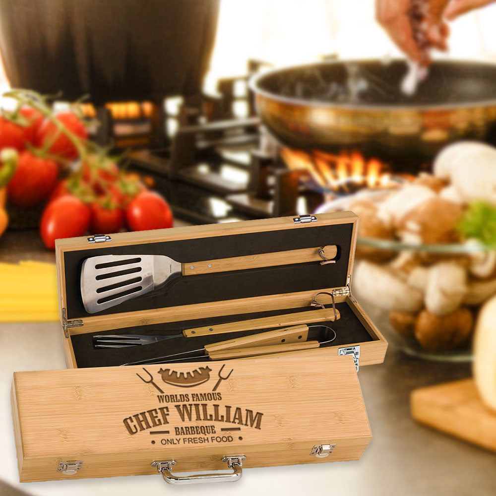 Personalized Laser Engraved Grill BBQ Gifts Set for Men, Dad, Father, Him - Barbecue Grilling Set with Grill Fork, Spatula and Tongs