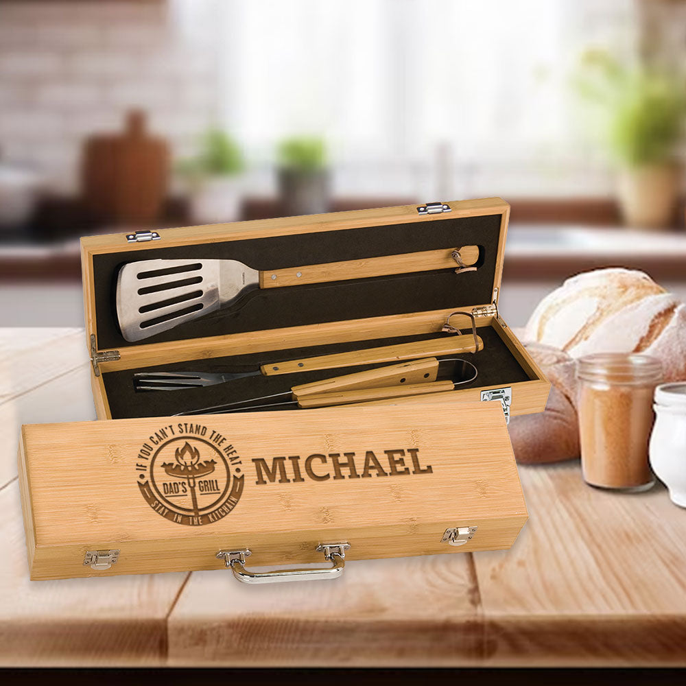 Personalized Laser Engraved Grill BBQ Gifts Set for Men, Dad, Father, Him - Barbecue Grilling Set with Grill Fork, Spatula and Tongs