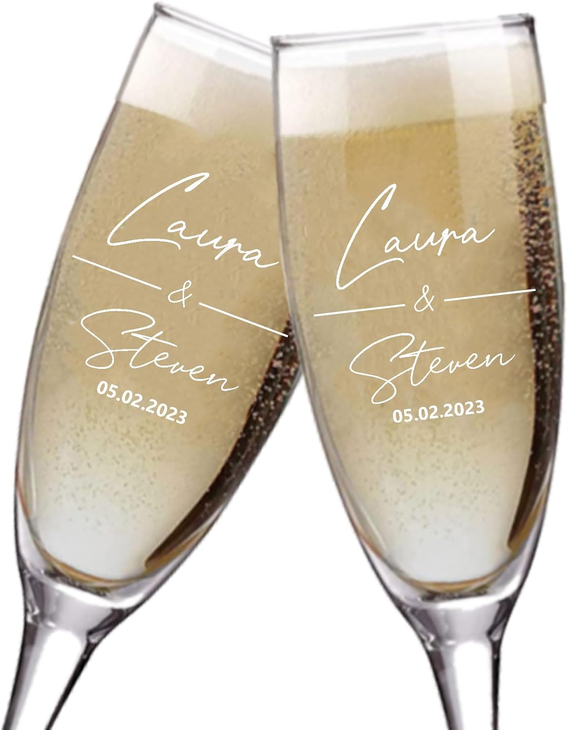 Champagne Flutes, Set of 2 Personalized Glasses with Box, 8 oz, Engraved Wedding Toasting Flutes
