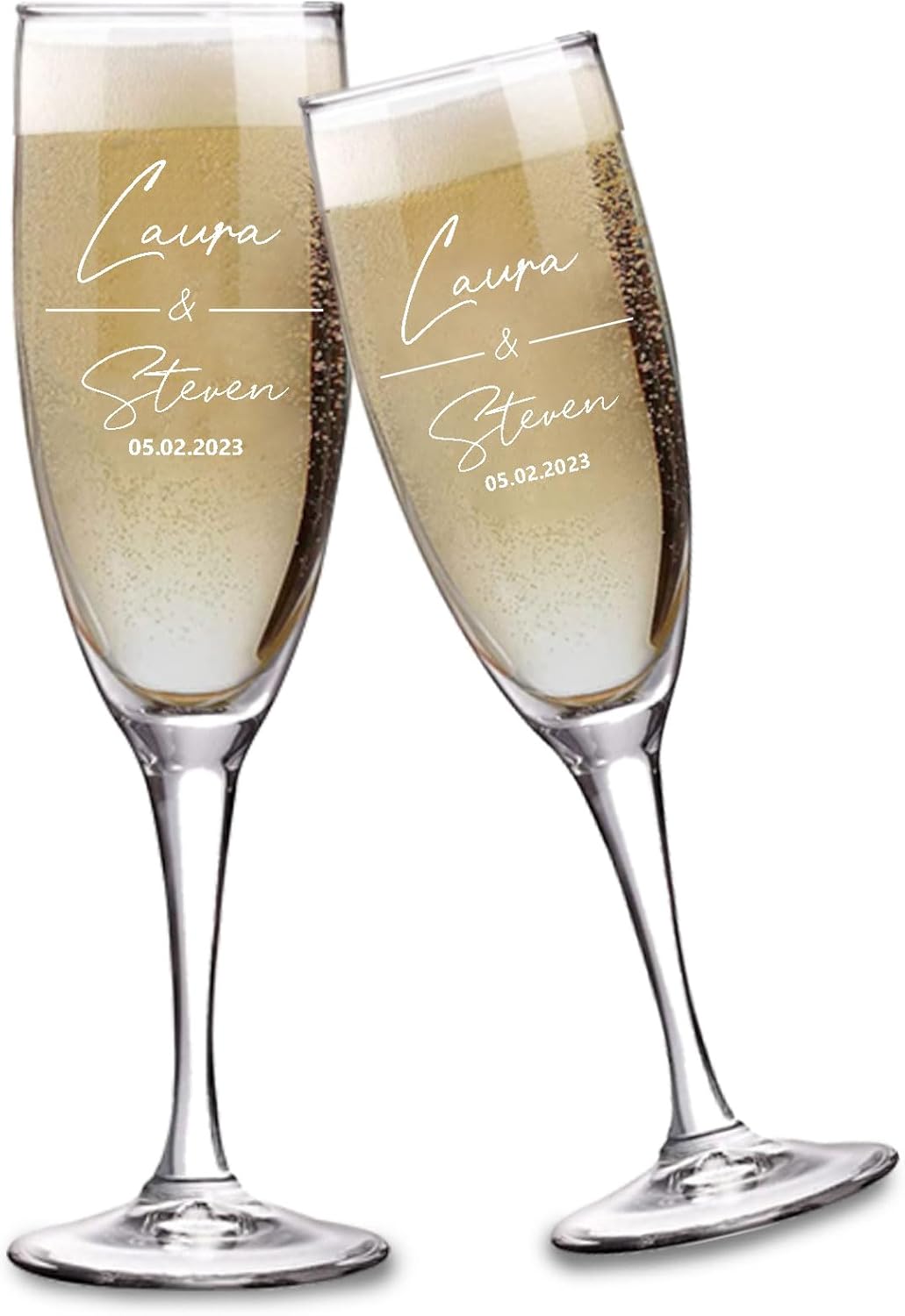 Champagne Flutes, Set of 2 Personalized Glasses with Box, 8 oz, Engraved Wedding Toasting Flutes