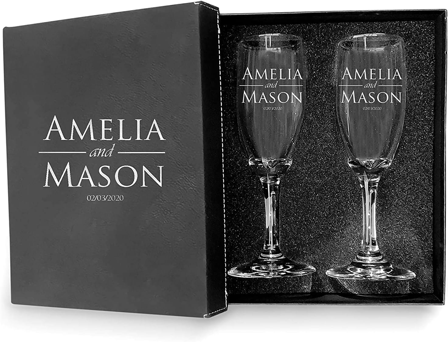 Bride and Groom Names & Date Engraved Set of 2 Glasses With Box, Customized Wedding Toast Champagne Flute Set with Box, Wedding Toasting Glasses - Personalized Flutes