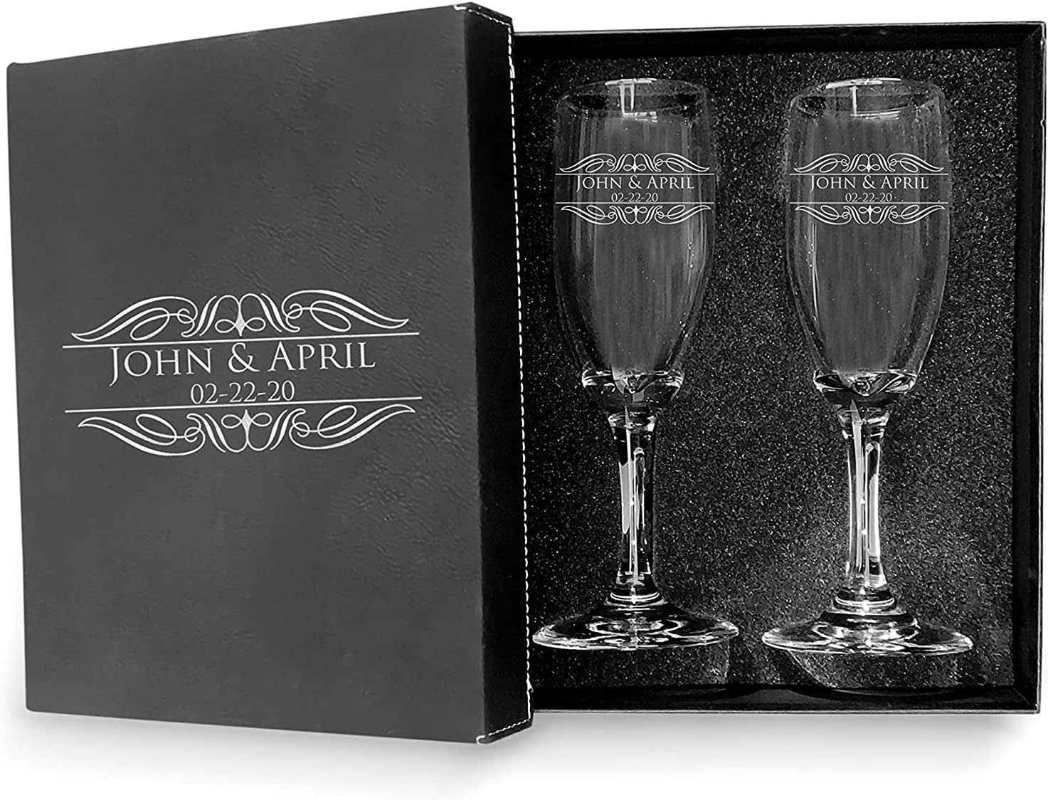 Set of 2 Personalized Wedding Champagne Flutes with Box- Royal Classy Design - Engraved Champagne Glasses for Bride and Groom Flutes for Wedding