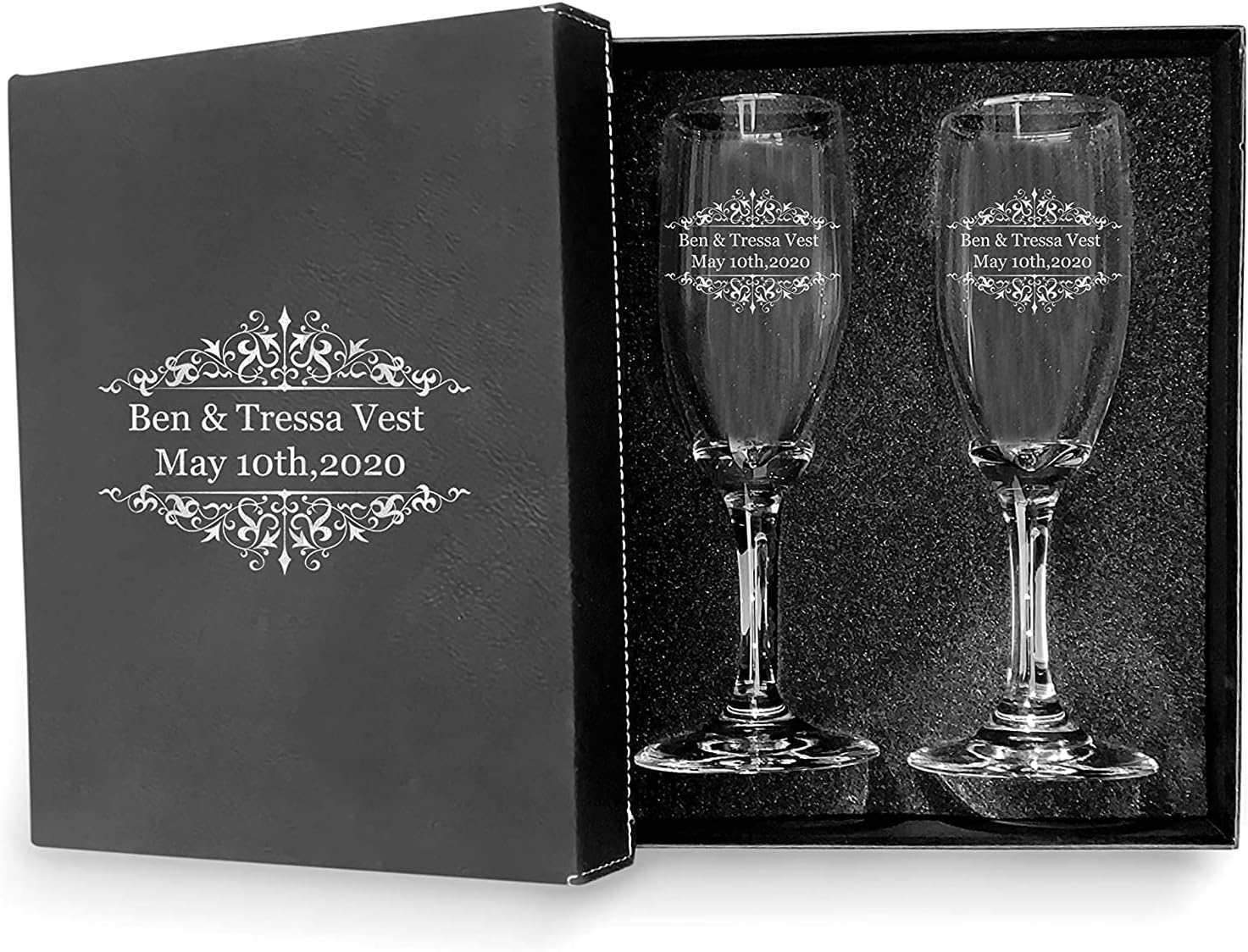 Set of 2 Personalized Wedding Champagne Flutes with Box - Mr and Mrs Design - Engraved Champagne Glasses for Bride and Groom Flutes for Wedding