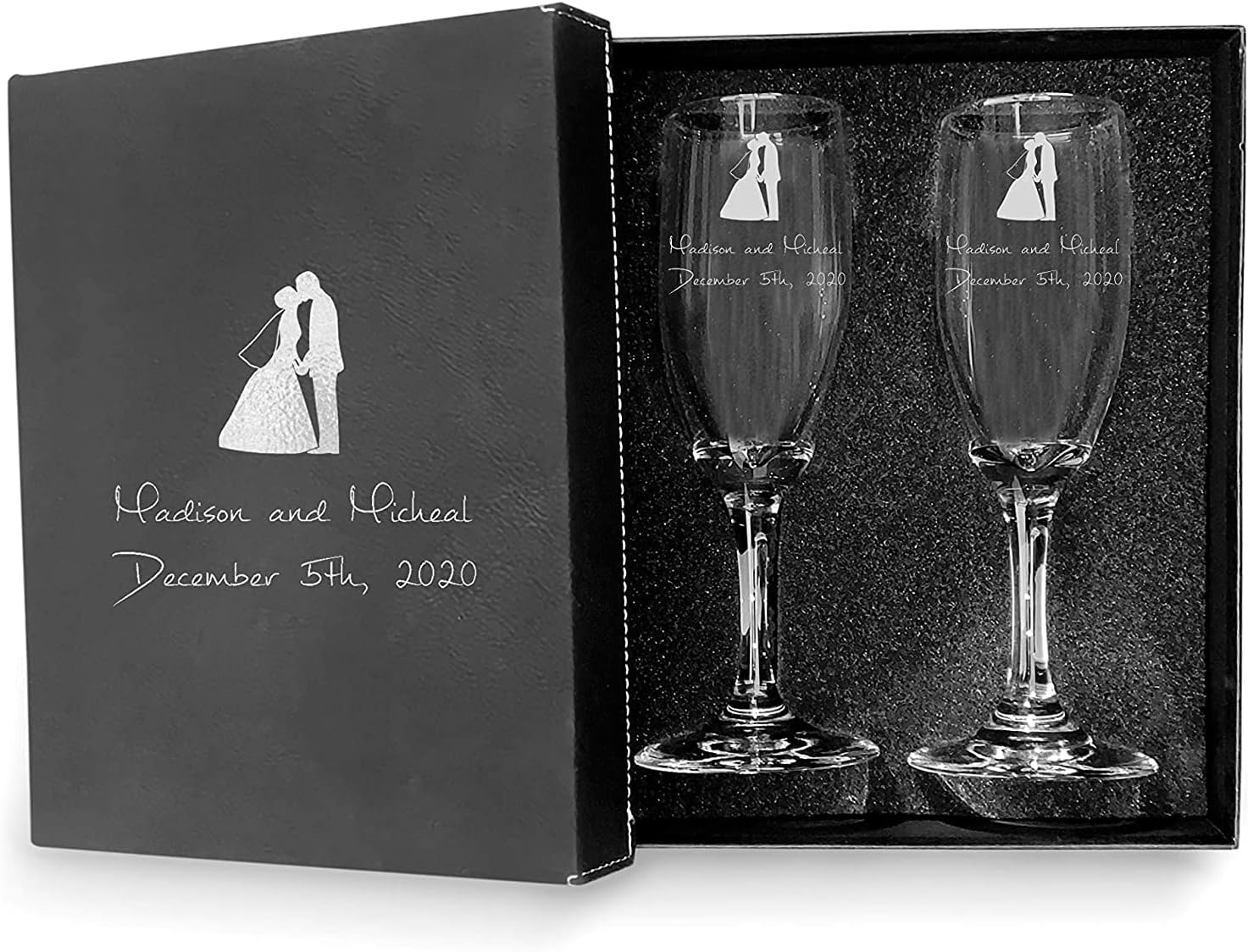 Set of 2 Personalized Wedding Champagne Glasses with Box - Engraved Mr and Mrs Design - Bride and Groom Flutes with Black Box