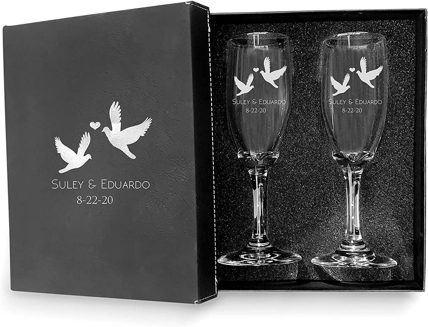 Bride Groom Names & Date Engraved Set of 2 Glasses With Box, Customized Wedding Toast Champagne Flute Set with Box, Wedding Toasting Glasses - Personalized Flutes