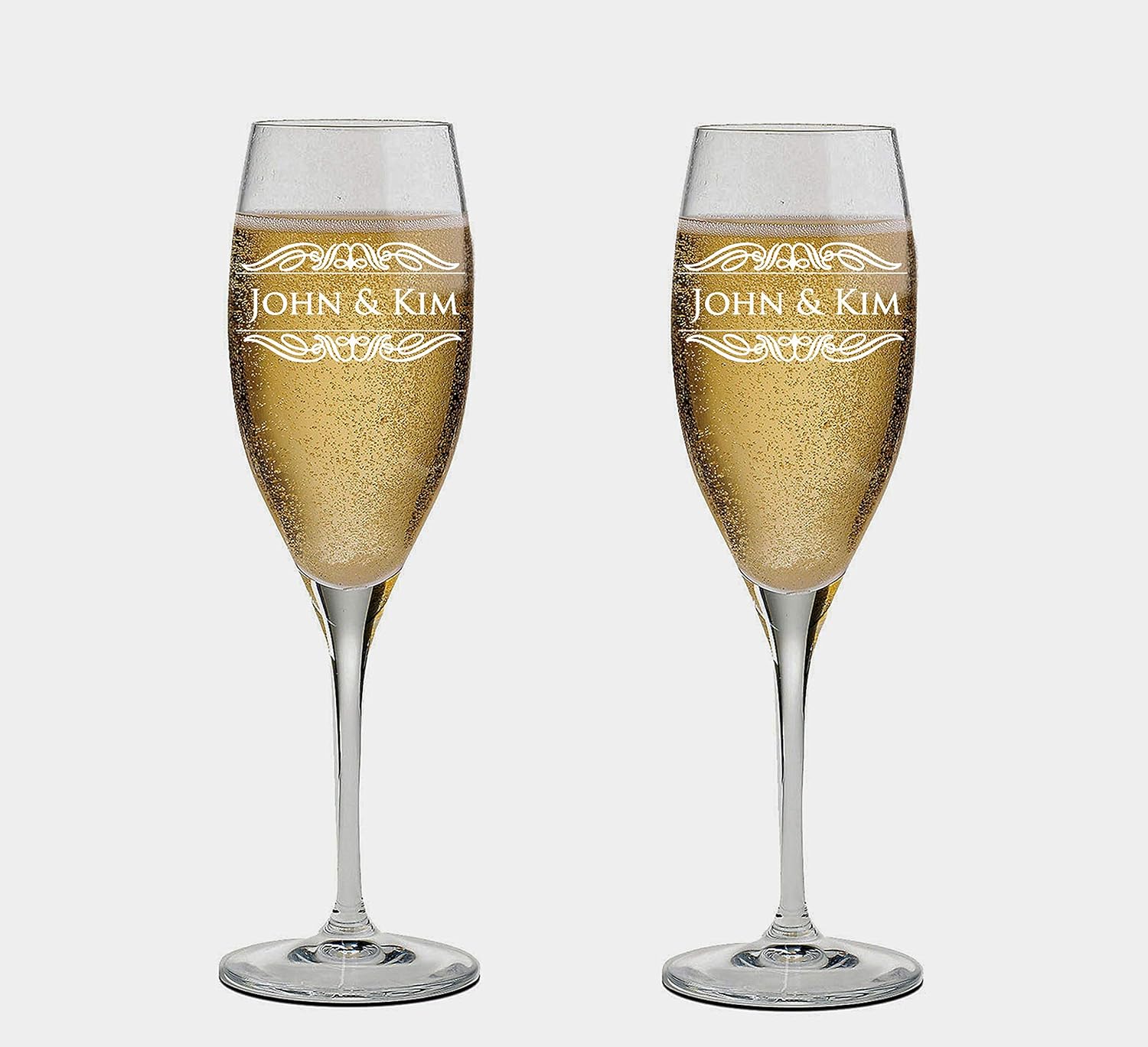 Set of 2 Personalized Wedding Champagne Flutes with Box- Royal Classy Design - Engraved Champagne Glasses for Bride and Groom Flutes for Wedding