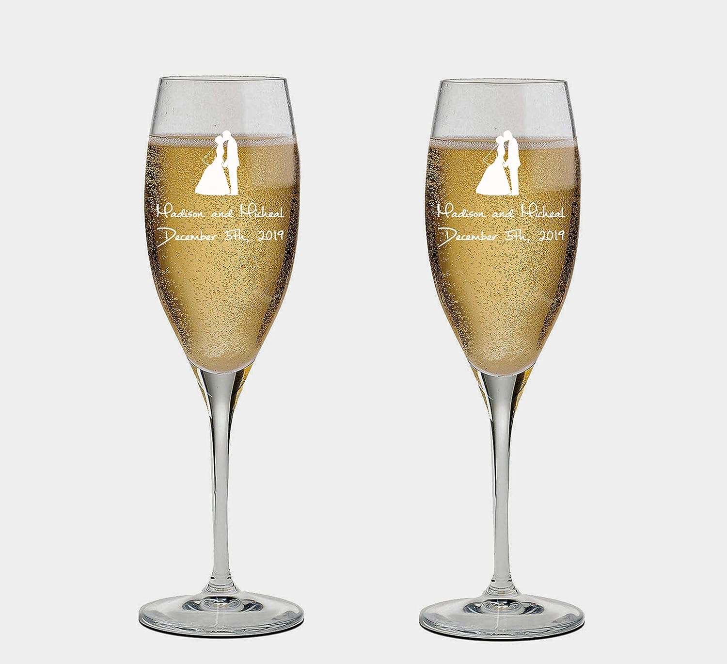 Set of 2 Personalized Wedding Champagne Glasses with Box - Engraved Mr and Mrs Design - Bride and Groom Flutes with Black Box