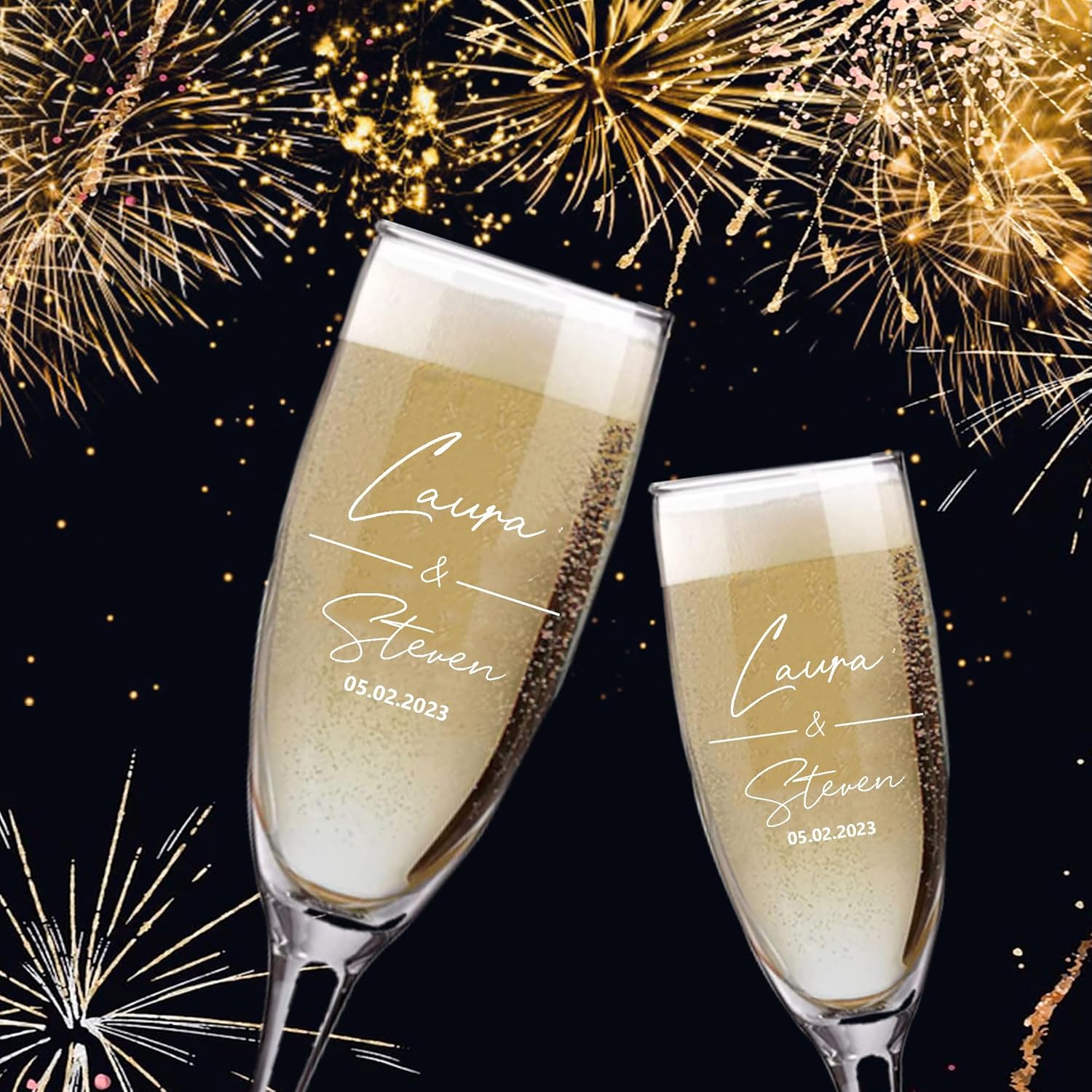 Champagne Flutes, Set of 2 Personalized Glasses with Box, 8 oz, Engraved Wedding Toasting Flutes