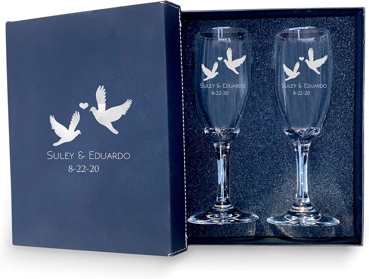 Bride Groom Names & Date Engraved Set of 2 Glasses With Box, Customized Wedding Toast Champagne Flute Set with Box, Wedding Toasting Glasses - Personalized Flutes