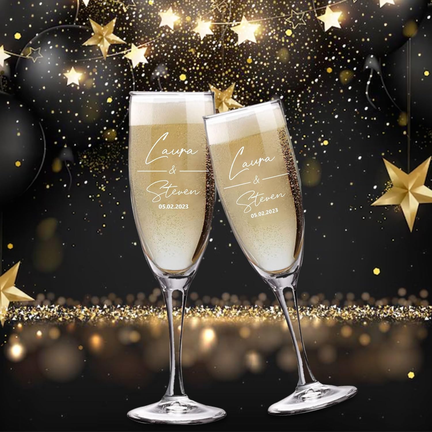 Champagne Flutes, Set of 2 Personalized Glasses with Box, 8 oz, Engraved Wedding Toasting Flutes