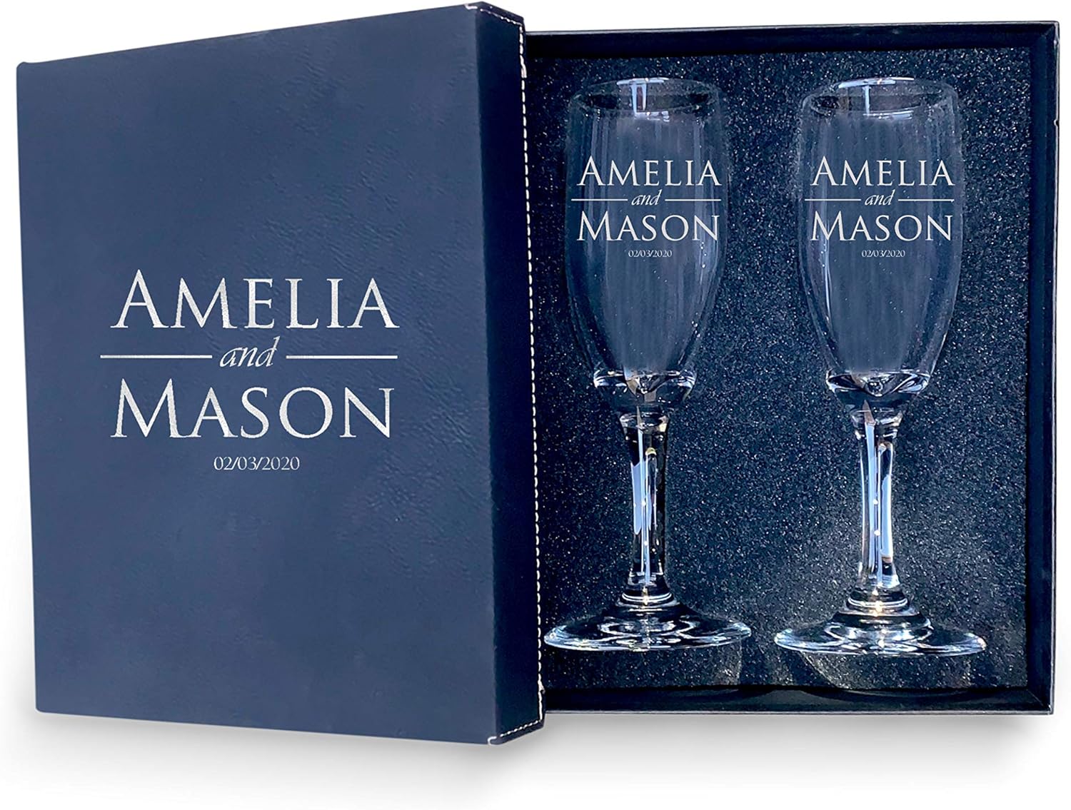 Bride and Groom Names & Date Engraved Set of 2 Glasses With Box, Customized Wedding Toast Champagne Flute Set with Box, Wedding Toasting Glasses - Personalized Flutes