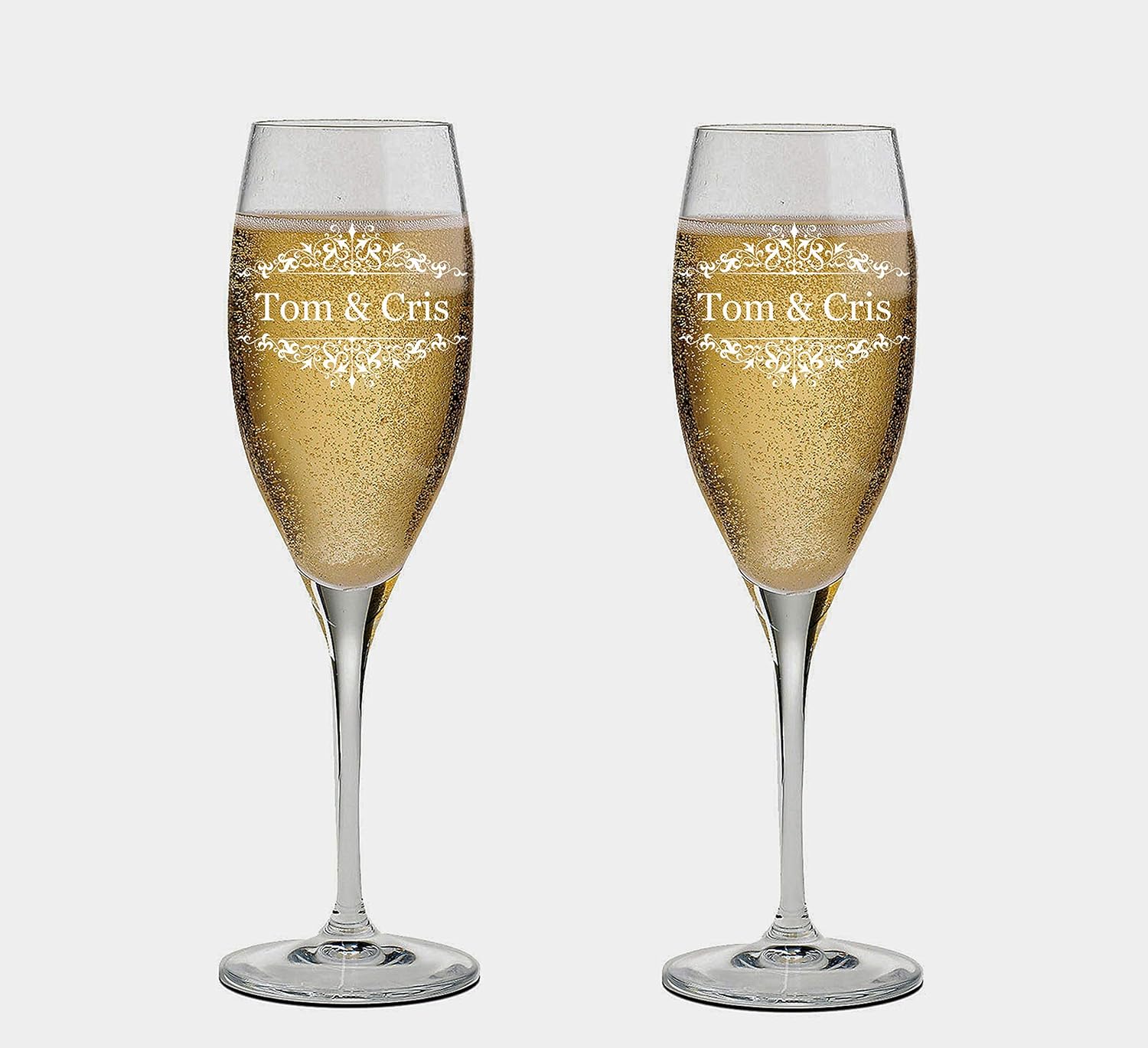 Set of 2 Personalized Wedding Champagne Flutes with Box - Mr and Mrs Design - Engraved Champagne Glasses for Bride and Groom Flutes for Wedding