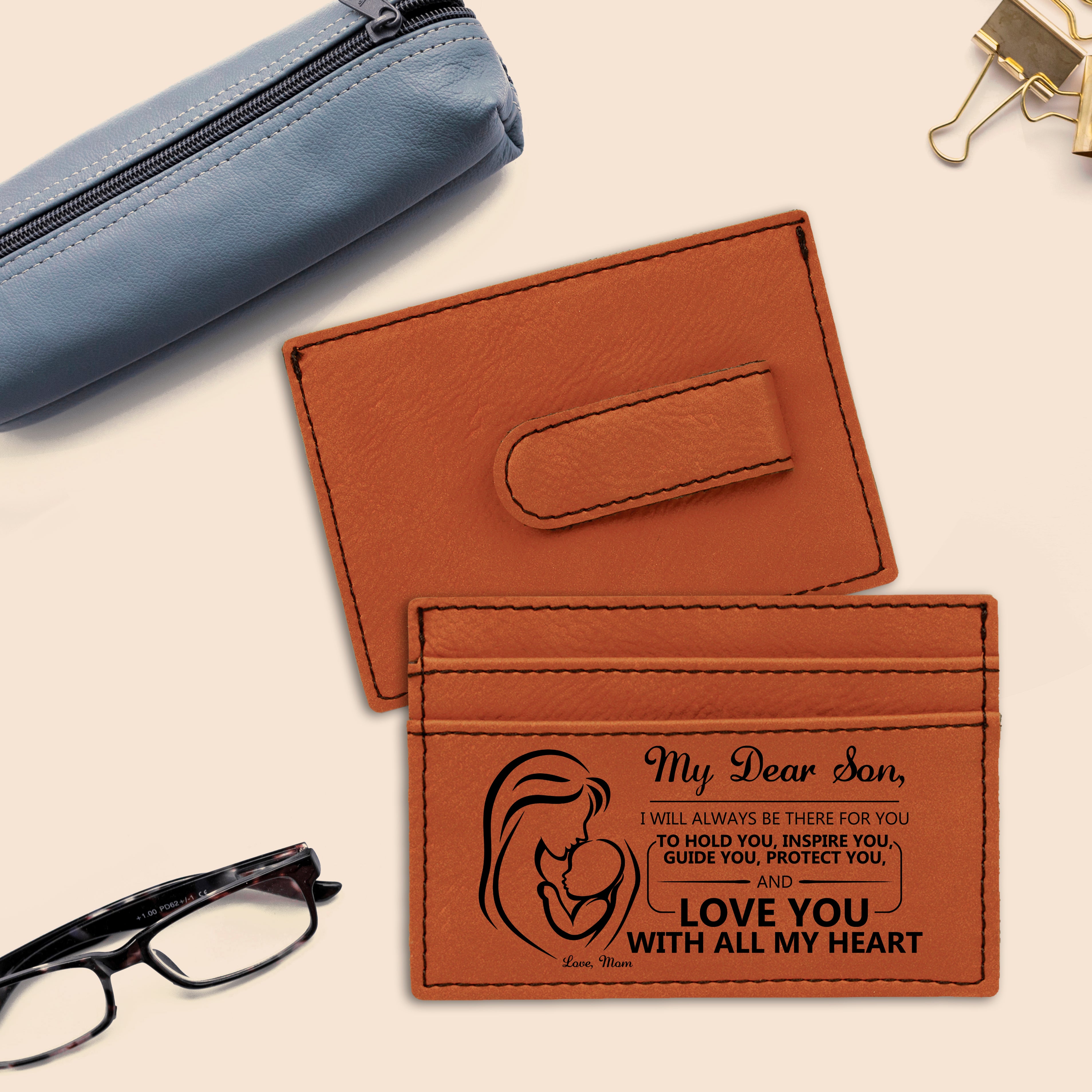 Love You Son Engravable Money Clip, Best Leather Wallet, Customized Money Clip, Brown Leather Wallet For Men, Credit Card Holder