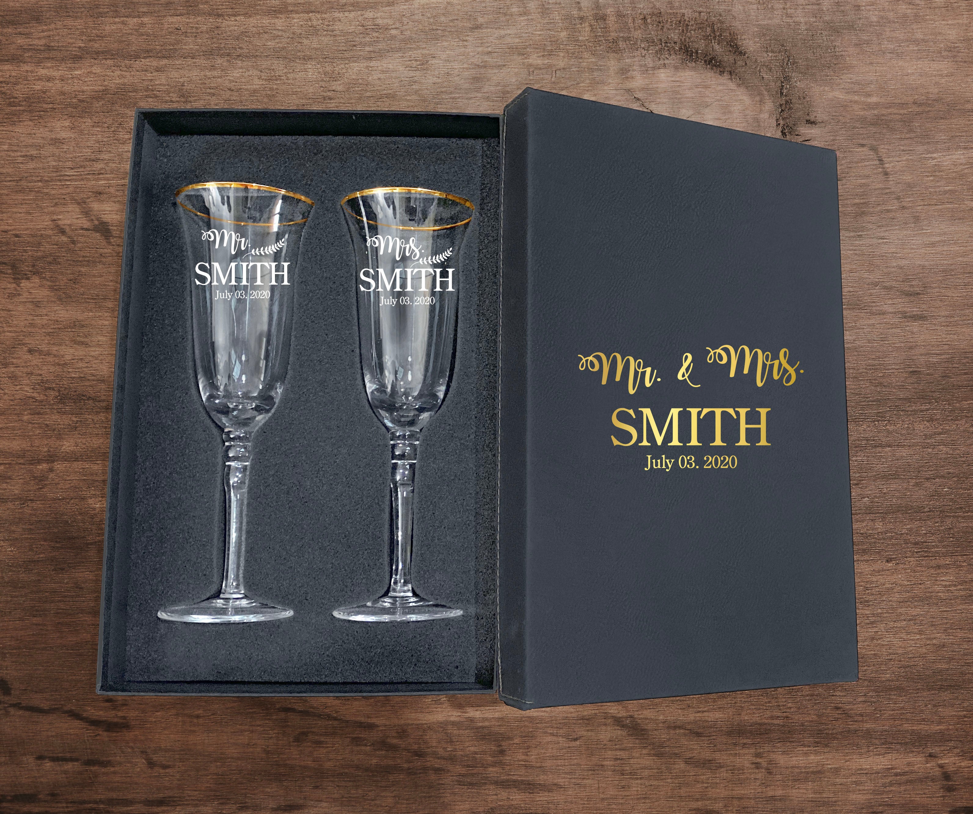 Krezy Case Set Of 2 Cheers A Champagne Glass, Precise Gift For Men & Moen, Ideal Personalized Mr. & Mrs. Engraved Glassware With Box