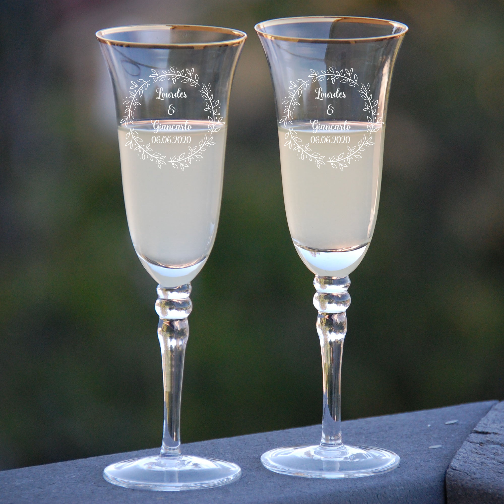 Set Of 2, Laser Engraved Cheers Flutes Engraved Personalized Glasses For A Recently Hitched Couple, Present This Glassware & Propose A Toast