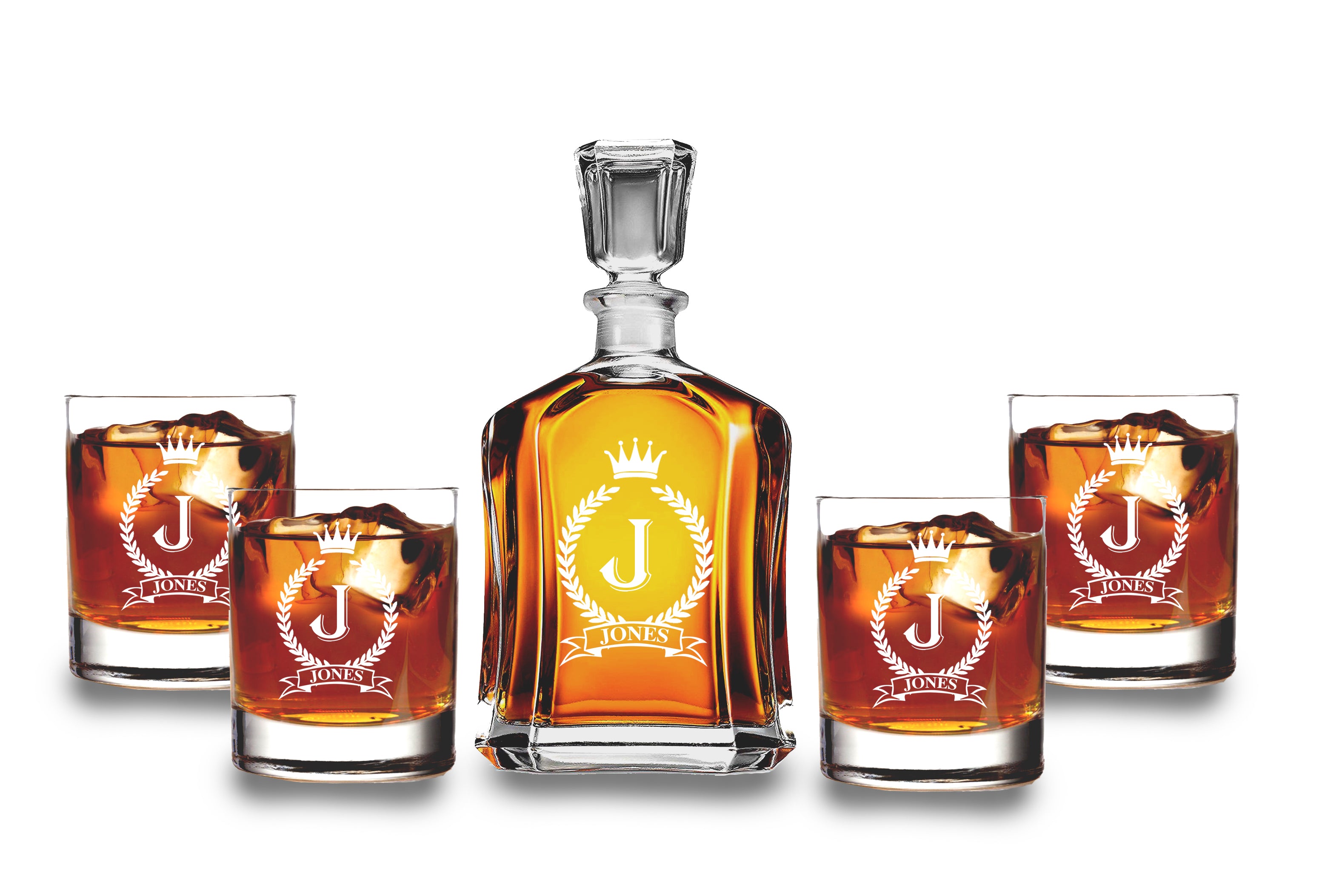 Krezy Case Customized Whiskey Decanter Set - Monogrammed Gifts- Decanter and 4 Glasses Gift Set - Custom Engraved Monogrammed - Wedding Gift, 100% Lead Free