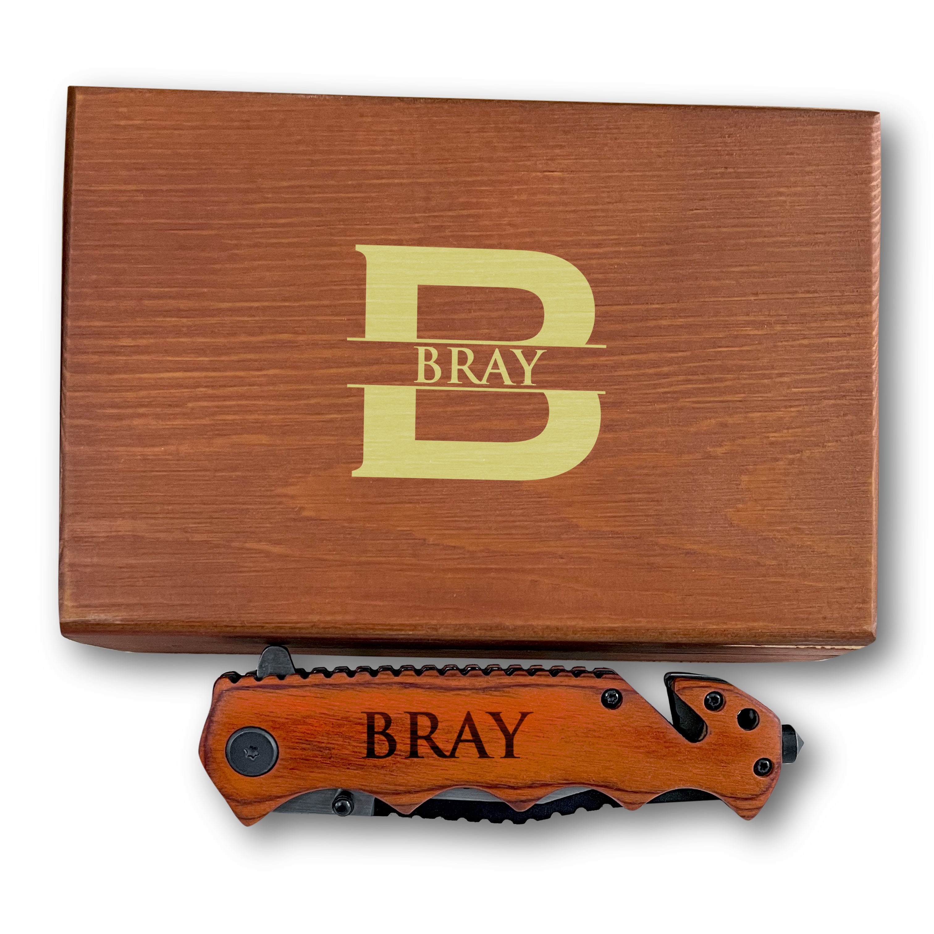 Premium Personalized Knife With Glass Breaker, Seat Belt Cutter Knife, Survival Tactical Knife, wood Finished Handle Personalized Knife, Engraved Knife with Wood Box