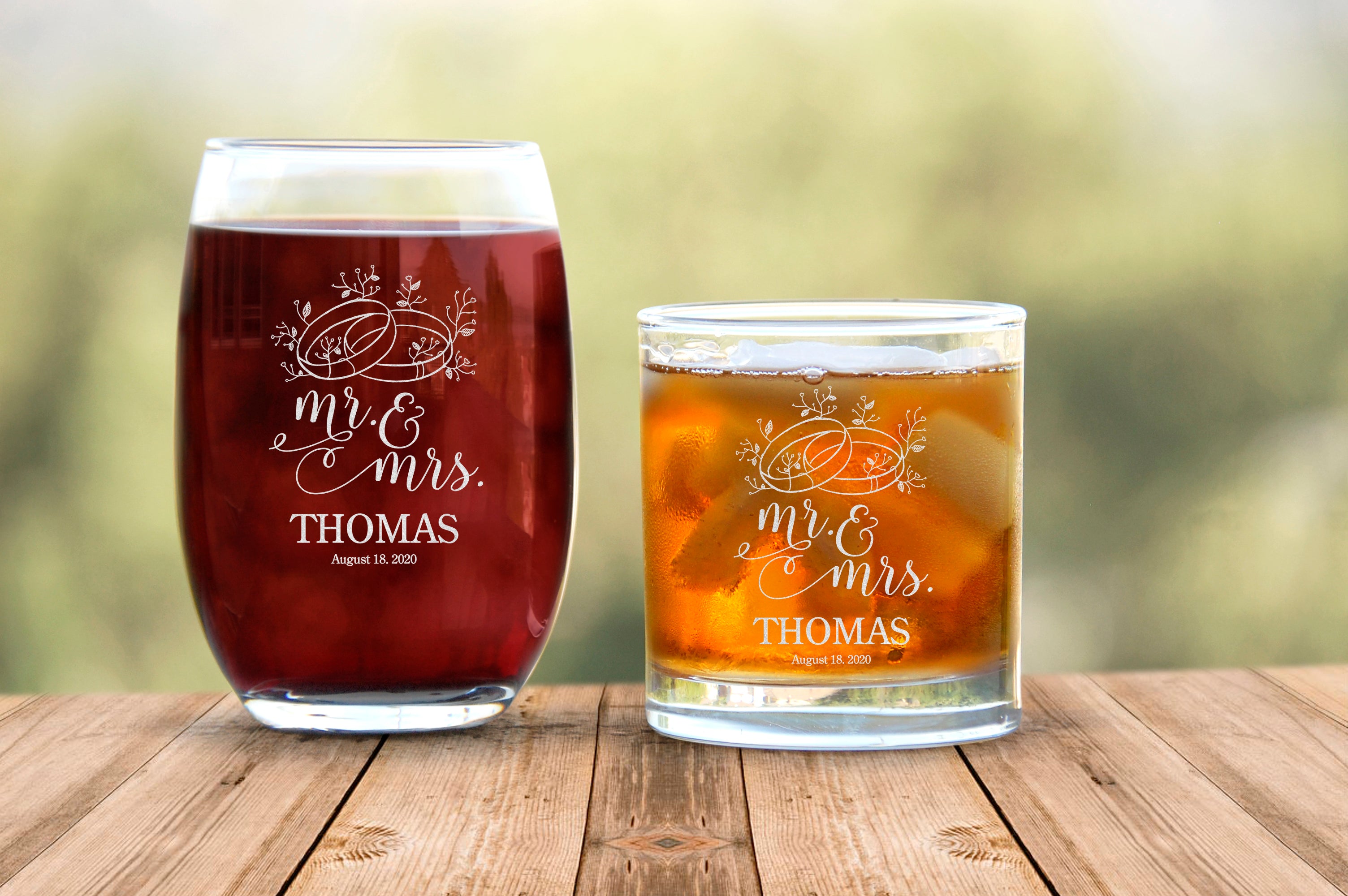 Mr And Mrs Engagement Ring Design Personalized Drinkware, Set Of Two Wine And Scotch Glasses, Stylish Stemless Custom Glassware, Gift For Couples