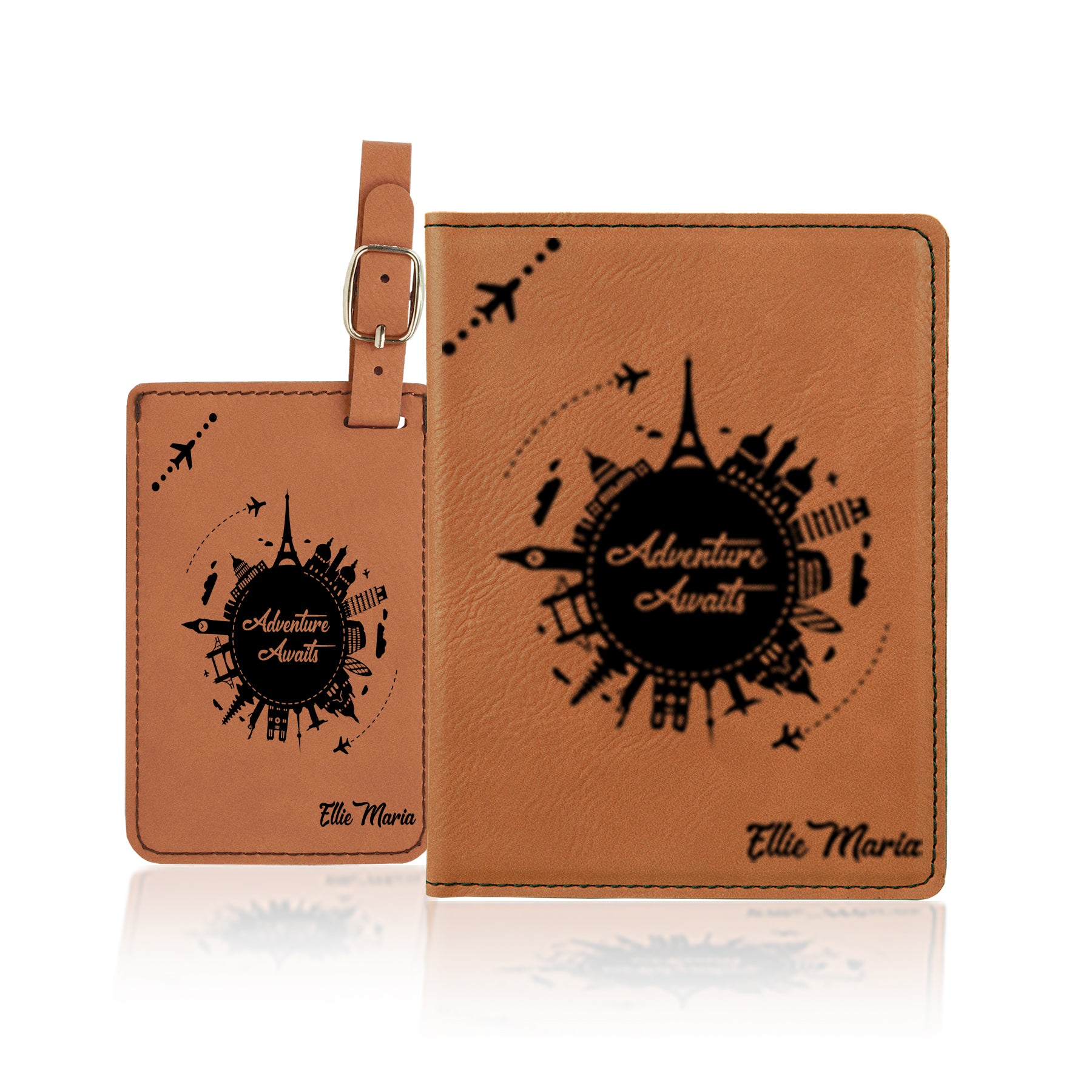 Personalized Passport Cover Set, Engraved Leatherette Passport Set For Men and Women, Custom Travel Passport Case, Adventure Awaits Customized Passport Cover