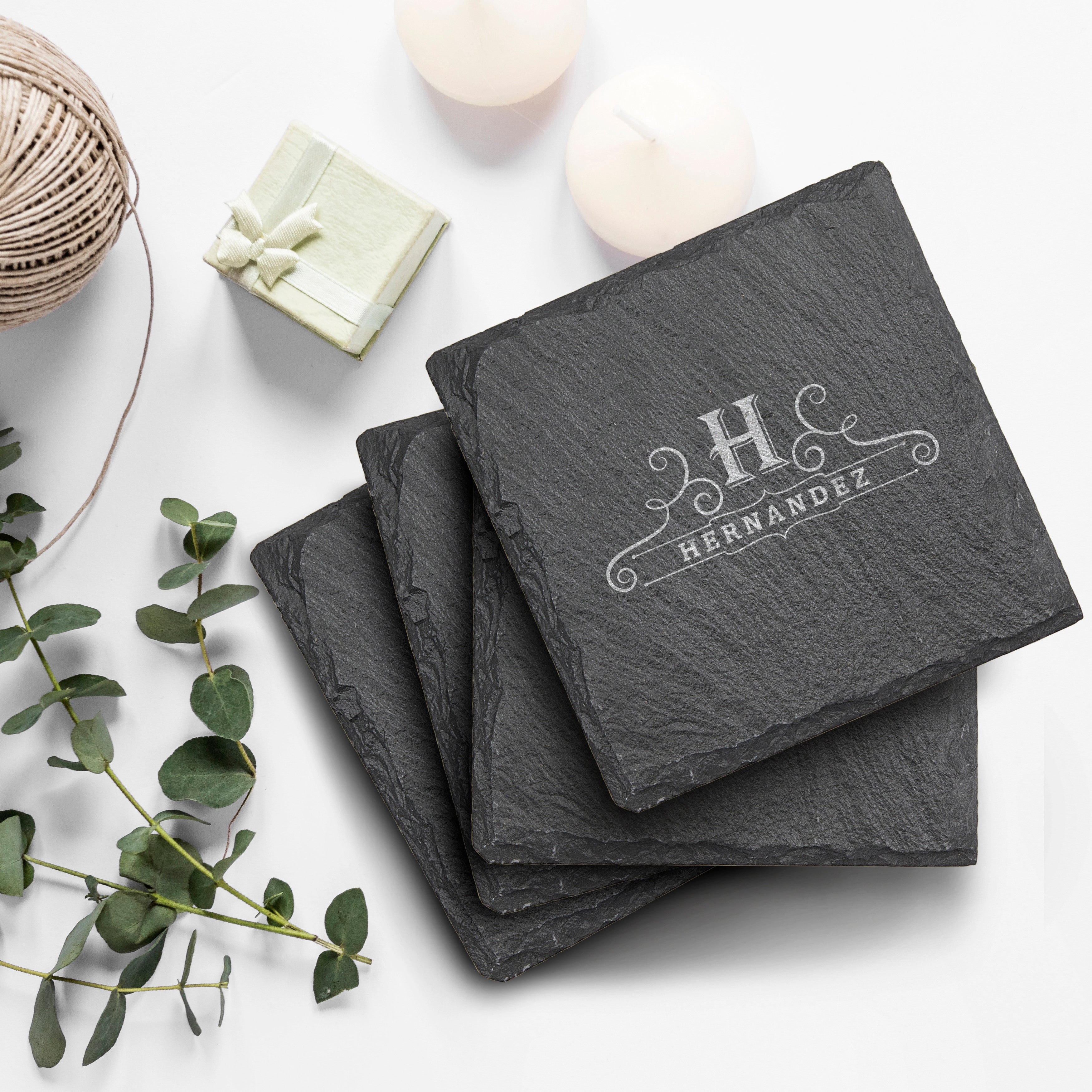 Krezy Case Laser Engraved Personalized Coasters, Grey Custom Coaster Set, Personalized Coaster Set, Slate Drink Coasters For Gift, Personalized Slate Bar Drink Coasters