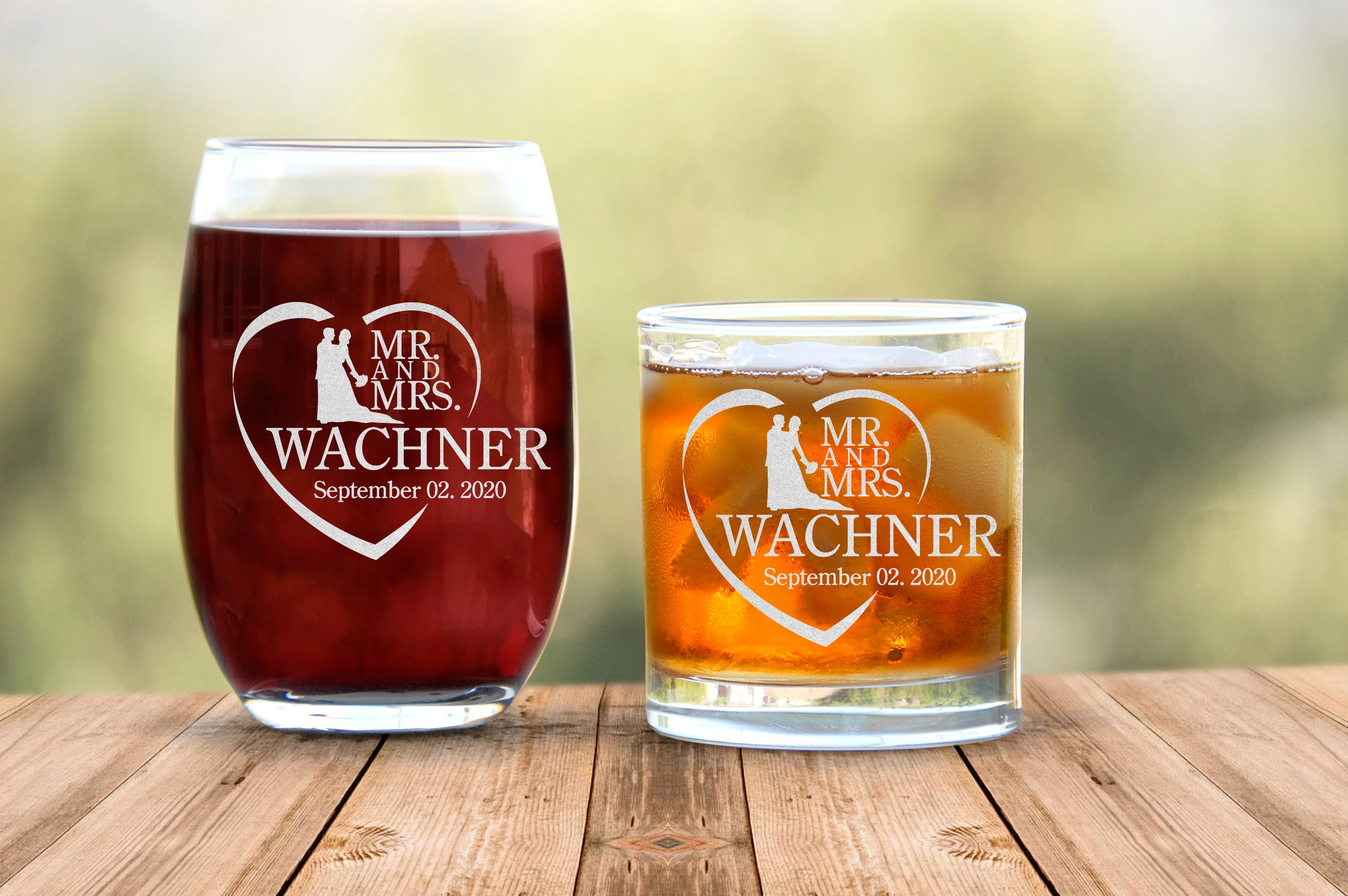 Set Of Two Engraved Mr And Mrs Couple Heart Design Wine And Scotch Glassware, Engraved Glasses, Wedding Custom Couple Gift, Wine Personalized Glass, Scotch Custom Glass