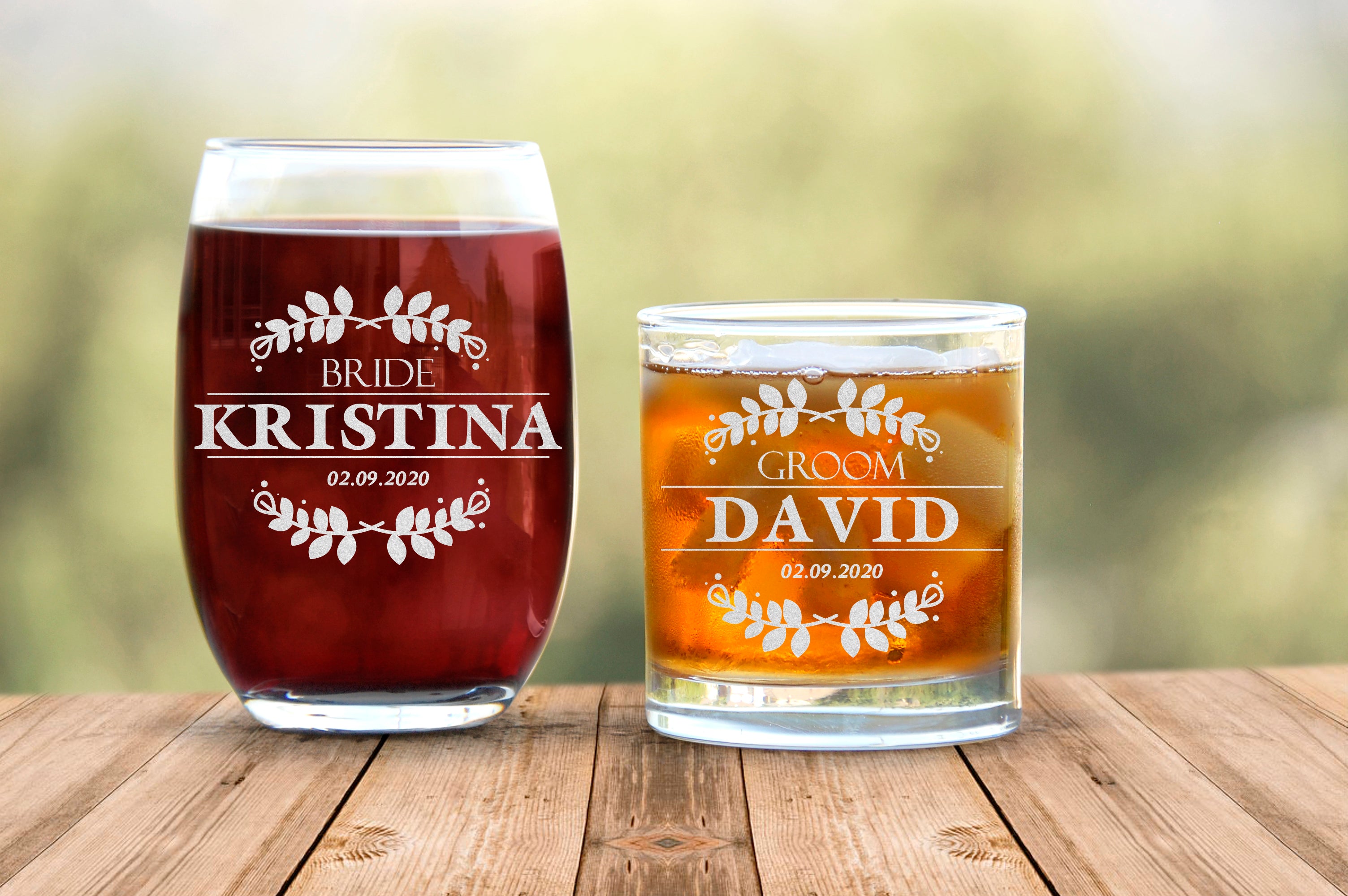 Set Of 2 Personalized Wine And Scotch Glasses For Newly Wed Couple Gift, Stylish Round Shaped Personalized Glassware, Customized Glasses For Marriage Gift
