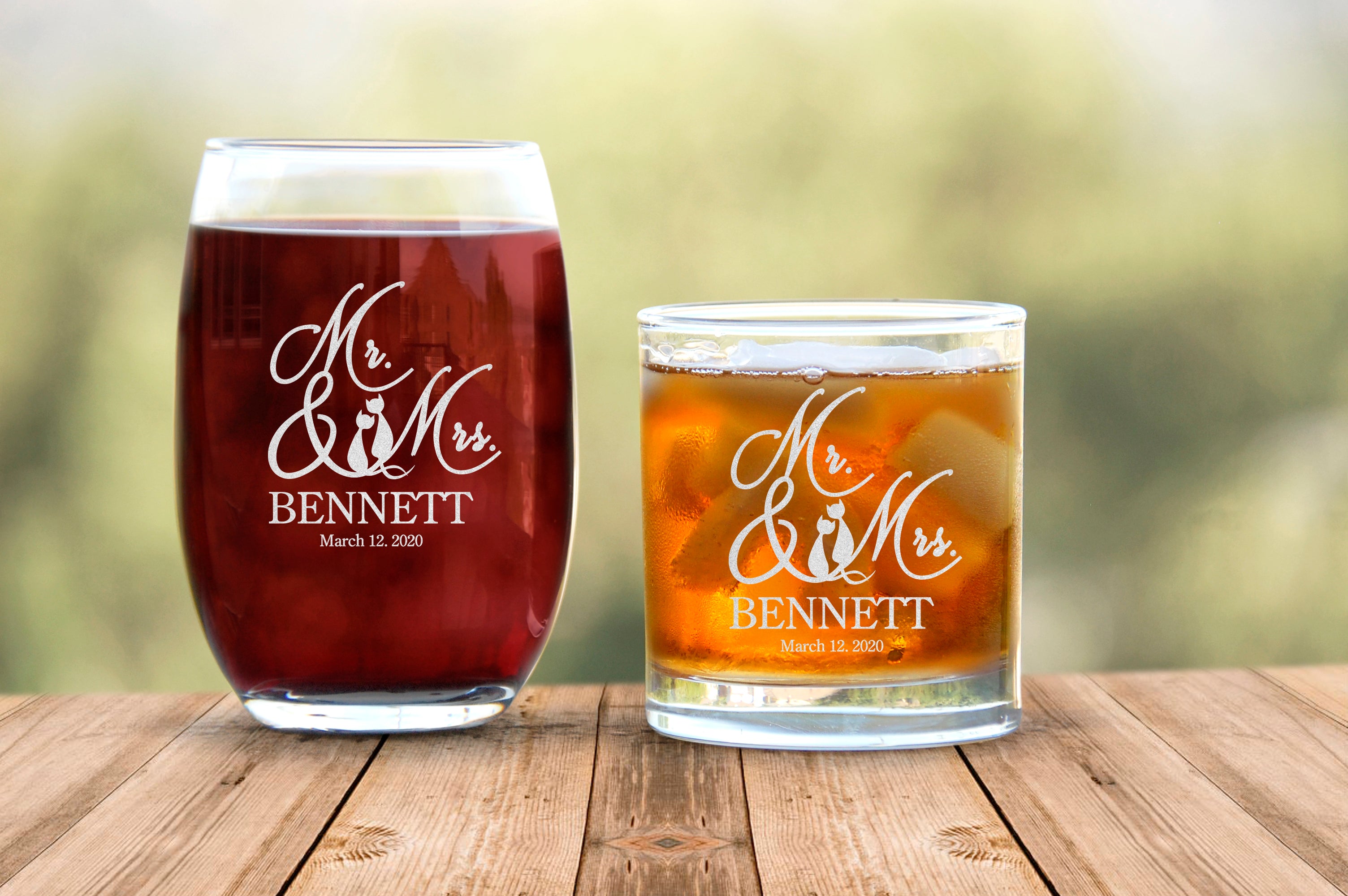 Personalized Gift Set With Custom Text For Wedding Couple, Custom Scotch And Wine Glass Set Of 2, Exclusive Engraved Glassware, Gift For Wedding Couple
