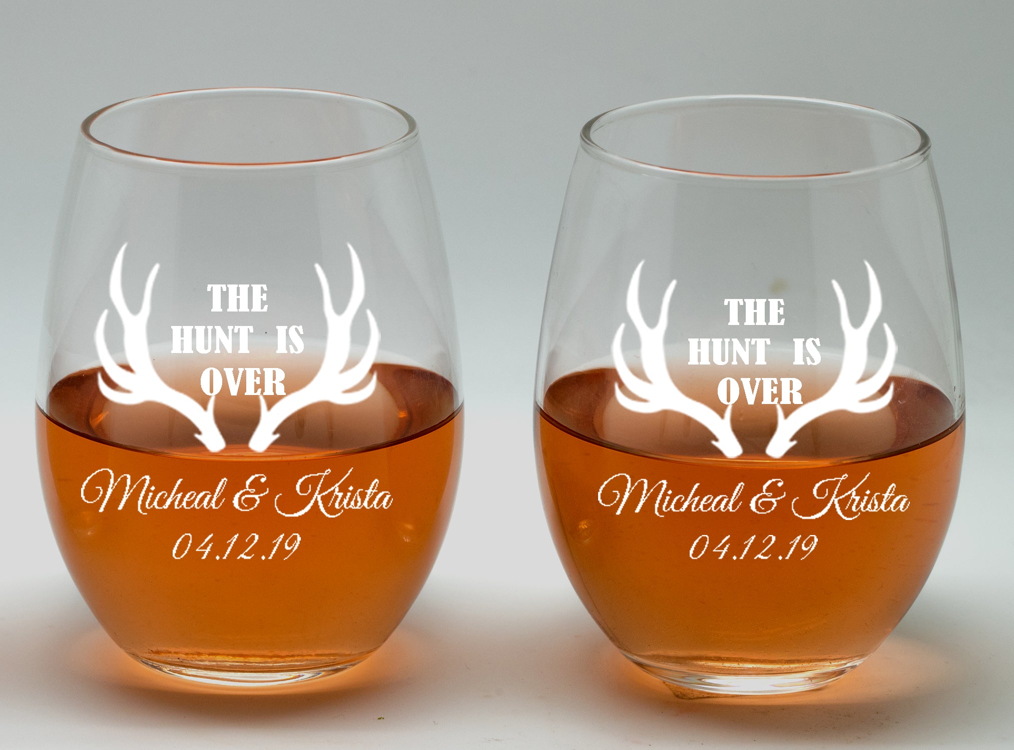 The hunt is over Couple wine glasses,20oz Etched Stemless Wine Glasses for Couples, Perfect Engagement gift,Bridal shower gift, Wedding party, achelorette Party, Anniversary gifts