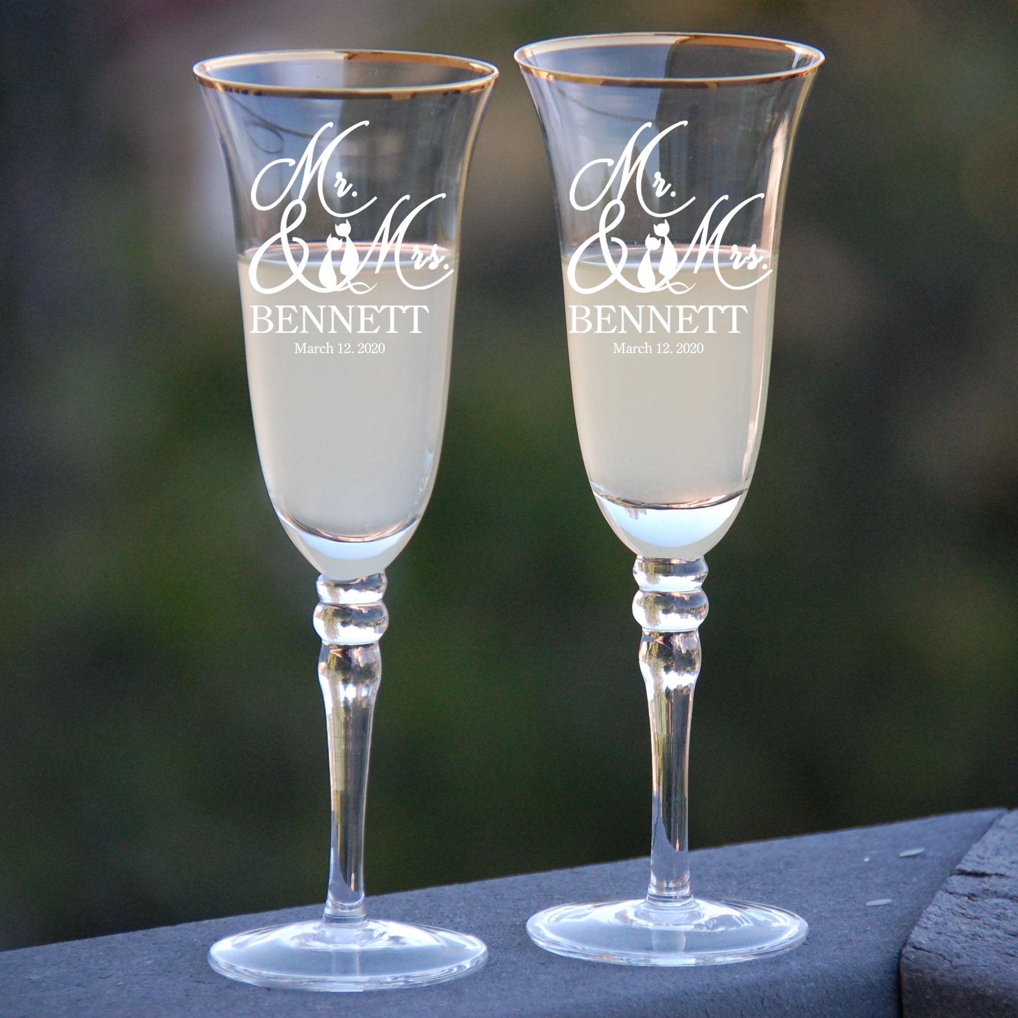 Mr. And Mrs. Champagne Flourishing Design Customized Glasses, Set Of 2 Custom Flairs With Elegant Laser Engrave Glassware