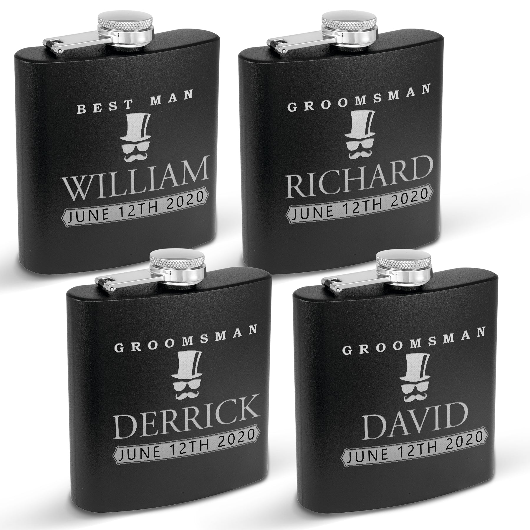 Set of 4 Hip Flasks for Best Man and Groomsman Proposal, Groomsmen Gifts for Wedding, 6oz Stainless Steel Flasks for Weddings, Bachelor Party Team Gifts