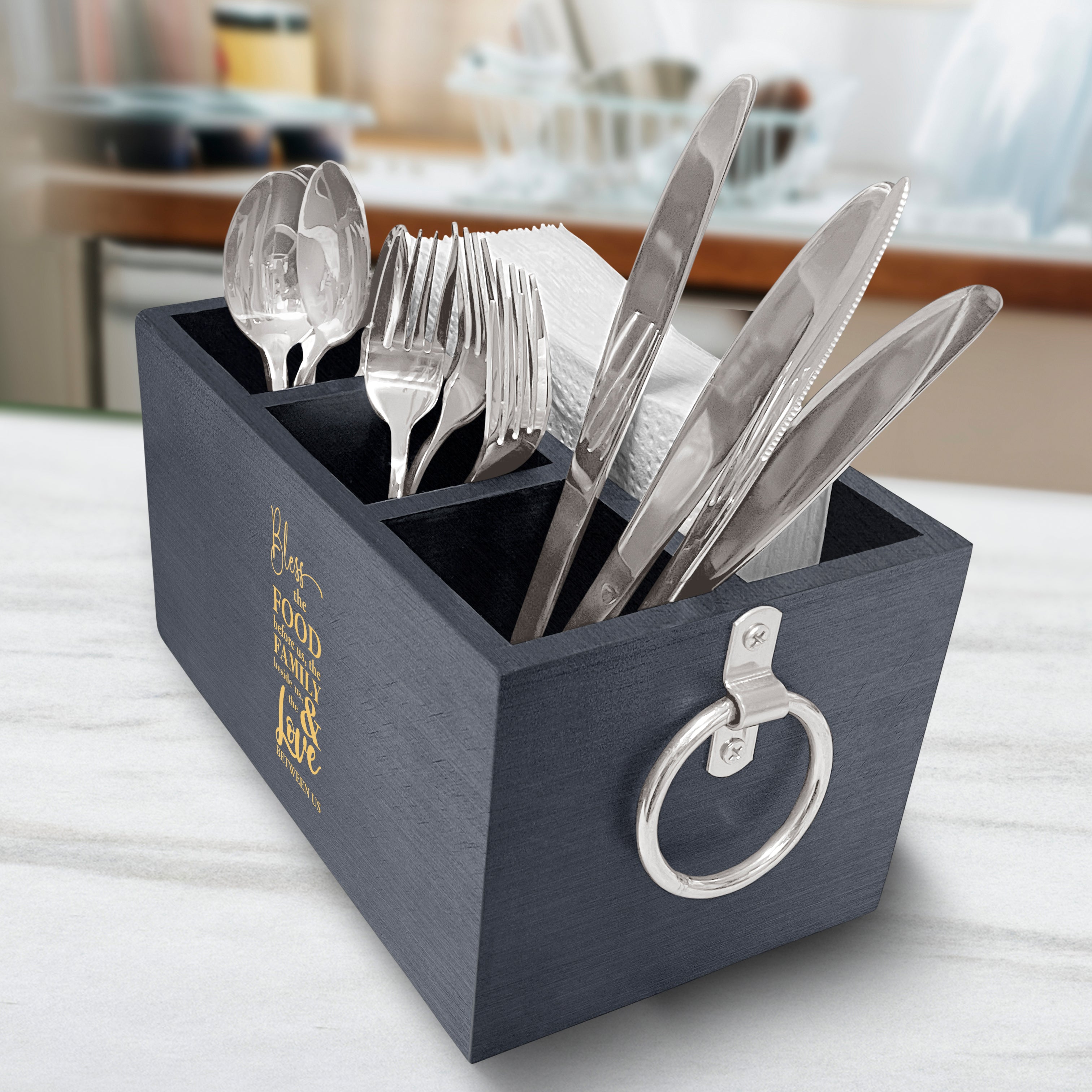 Elegant Engraved Family Quote Wooden Utensil Organizer, Kitchen Utensil Holder, Spoons Knives Forks Organizer For Dining Table & Kitchen, Utensil Organizer