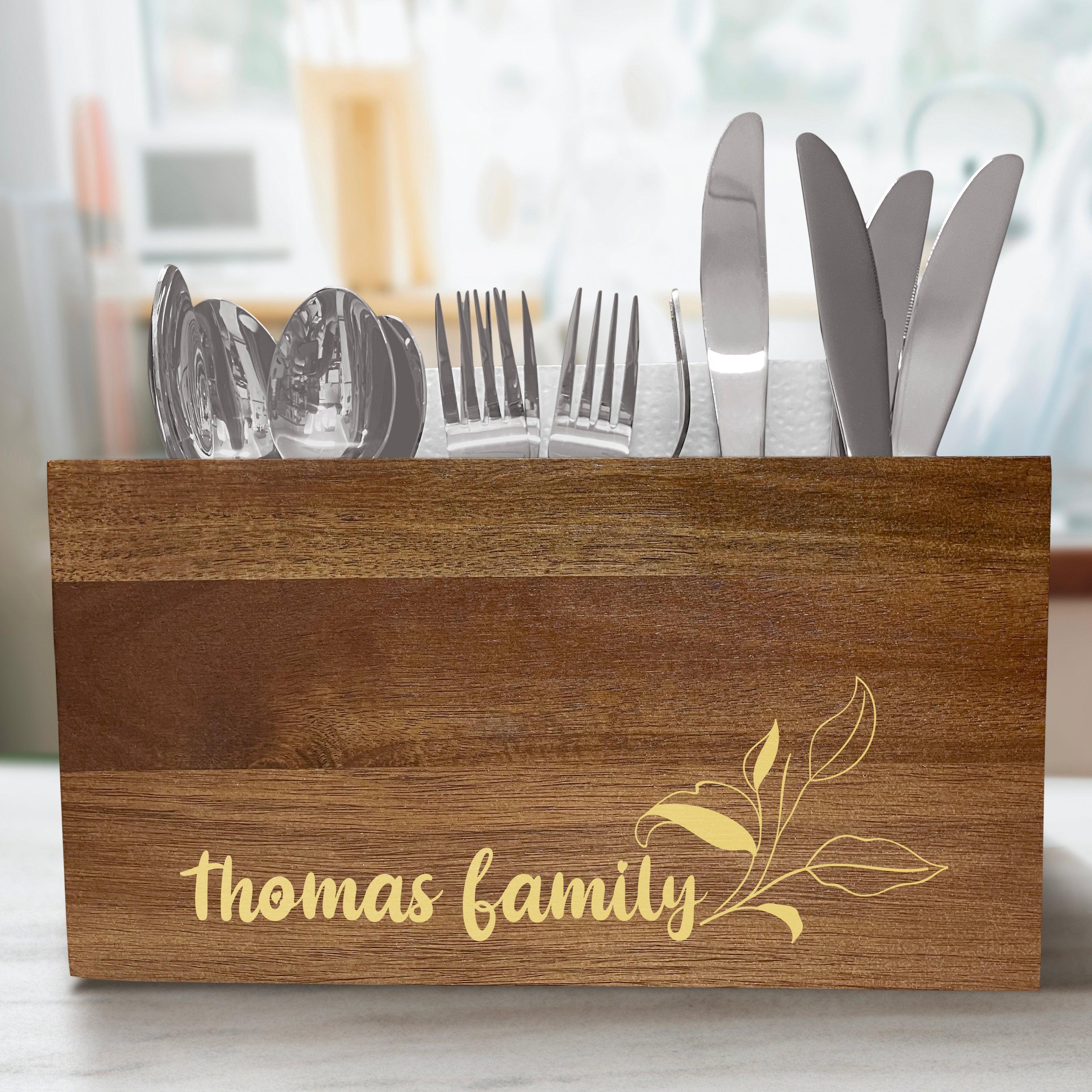 Personalized Leaves Caddy - Wooden Utensil Crock - Wooden Utensil Storage box