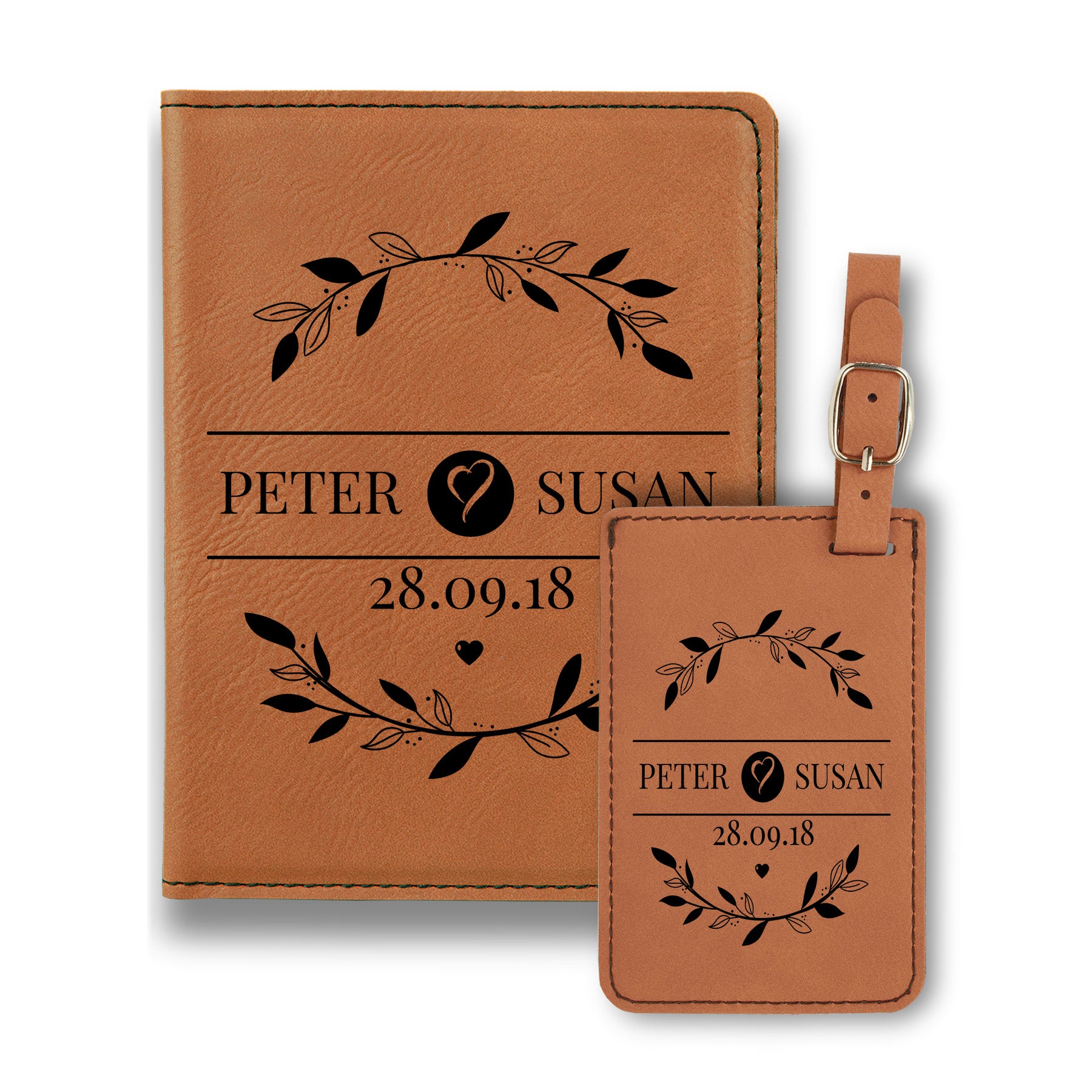 Personalized Luggage Tag, Leaf Design Passport Holder and Luggage Tag, Engraved Travel Accessories, Custom Tags, Personalized Passport Holder Set