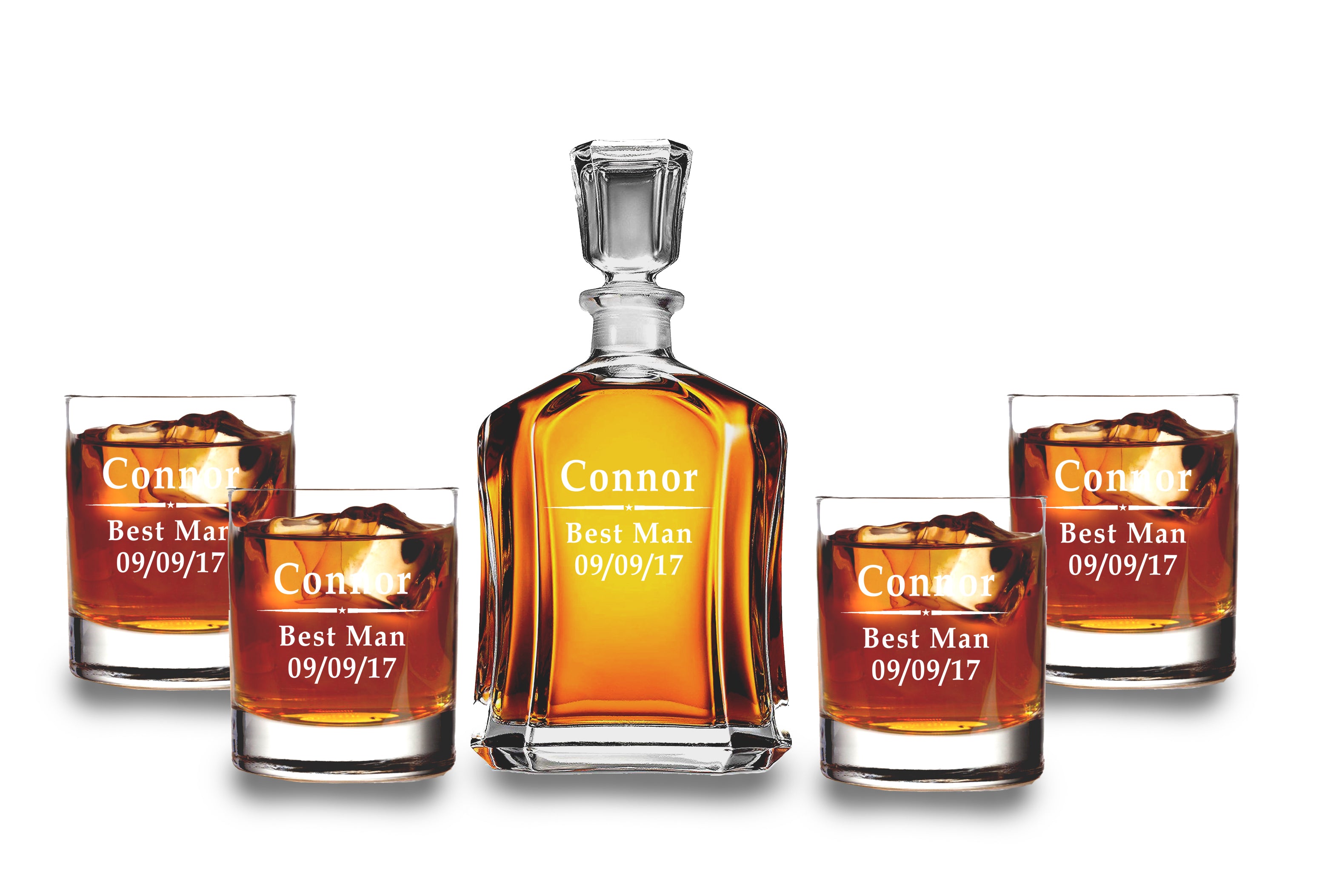 Krezy Case Custom Engraved Liquor Decanter set, Whiskey Bourbon Gifts, Personalized with round design - Decanter and 4 glasses Gift Set, 100% Lead Free