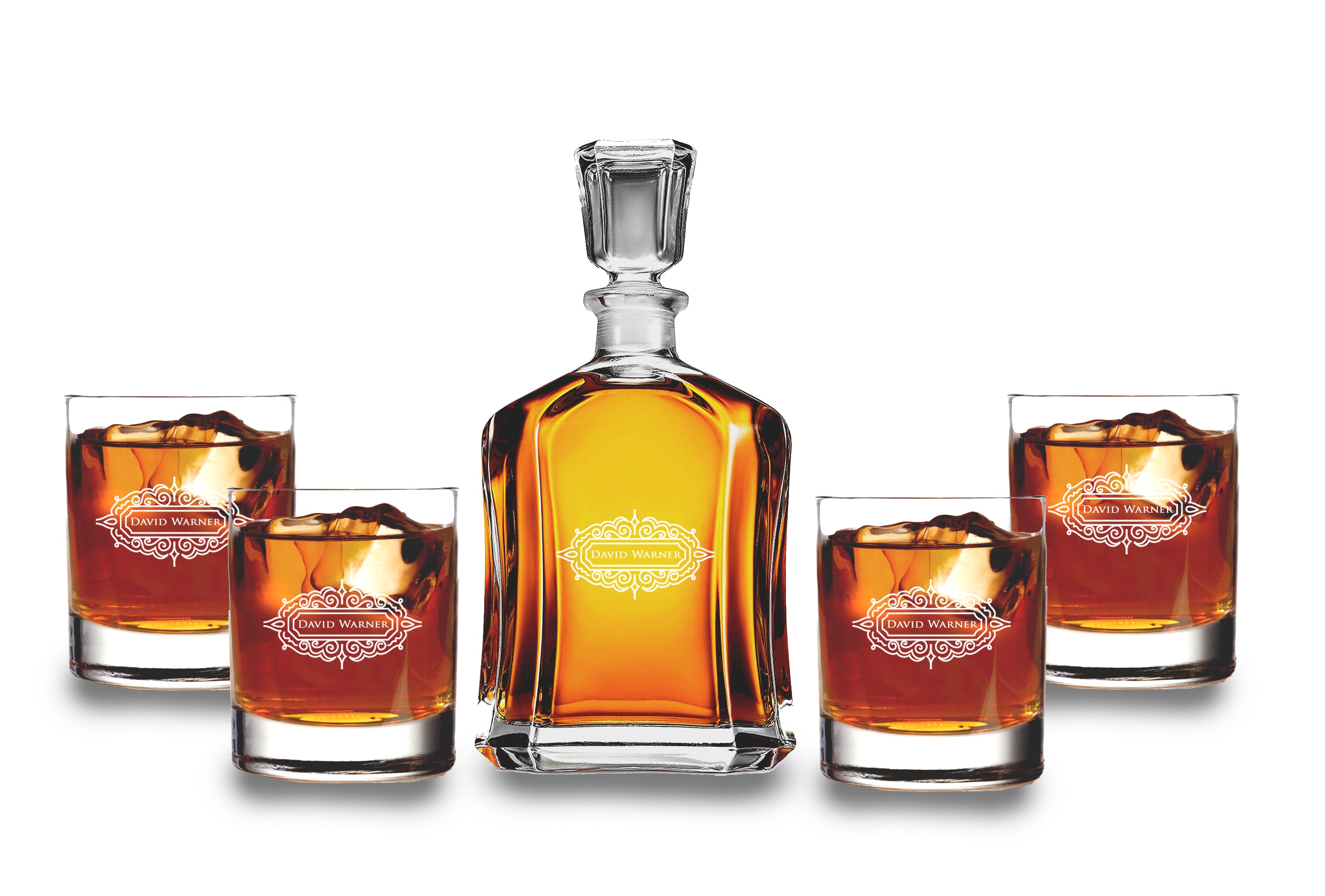Whiskey Decanter Set- Monogrammed Gifts- Decanter and 4 Glasses Gift Set - Custom Name Engraved Monogrammed Elegant Design - Wedding Gift