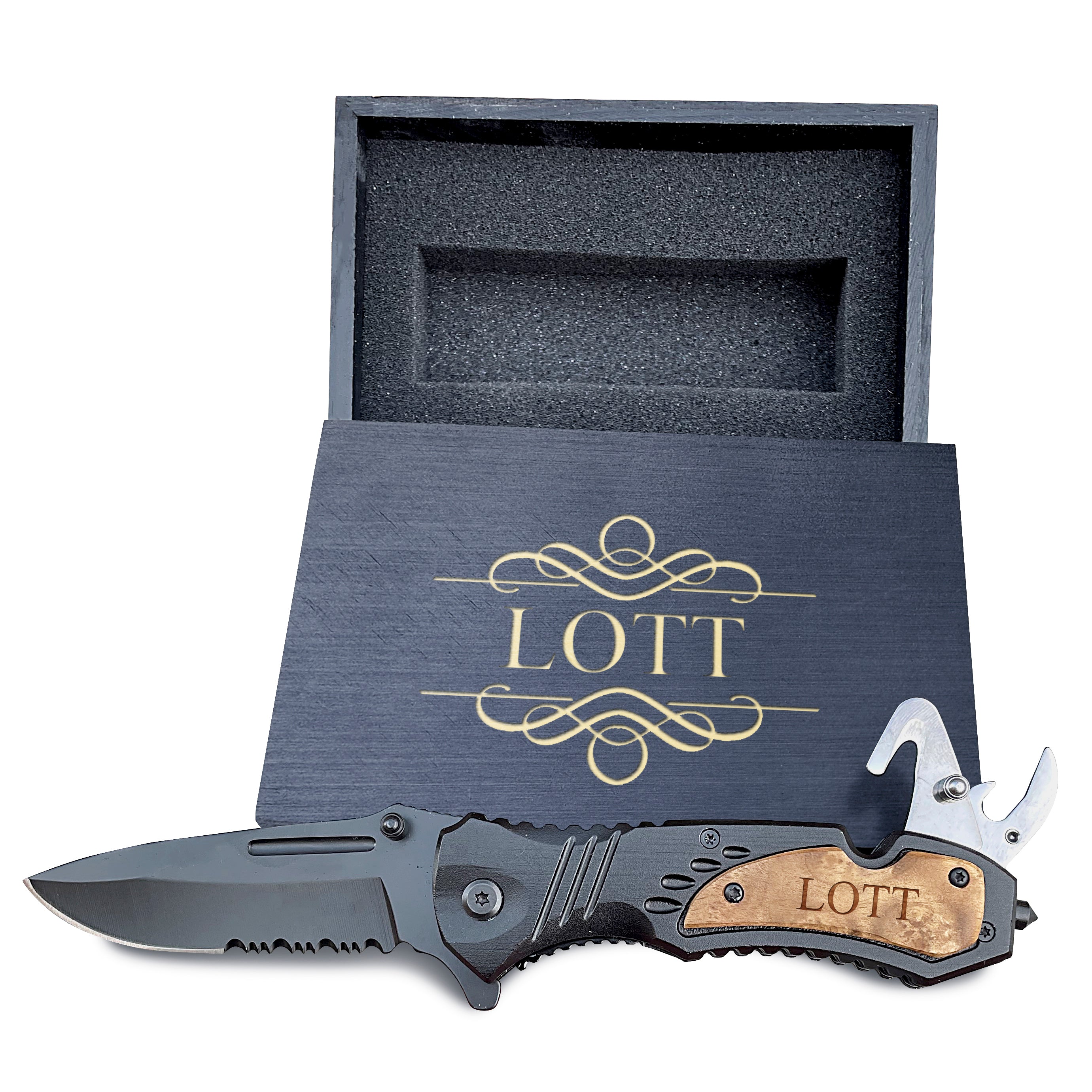 Engraved Pocket Knife With Black Color Wooden Box