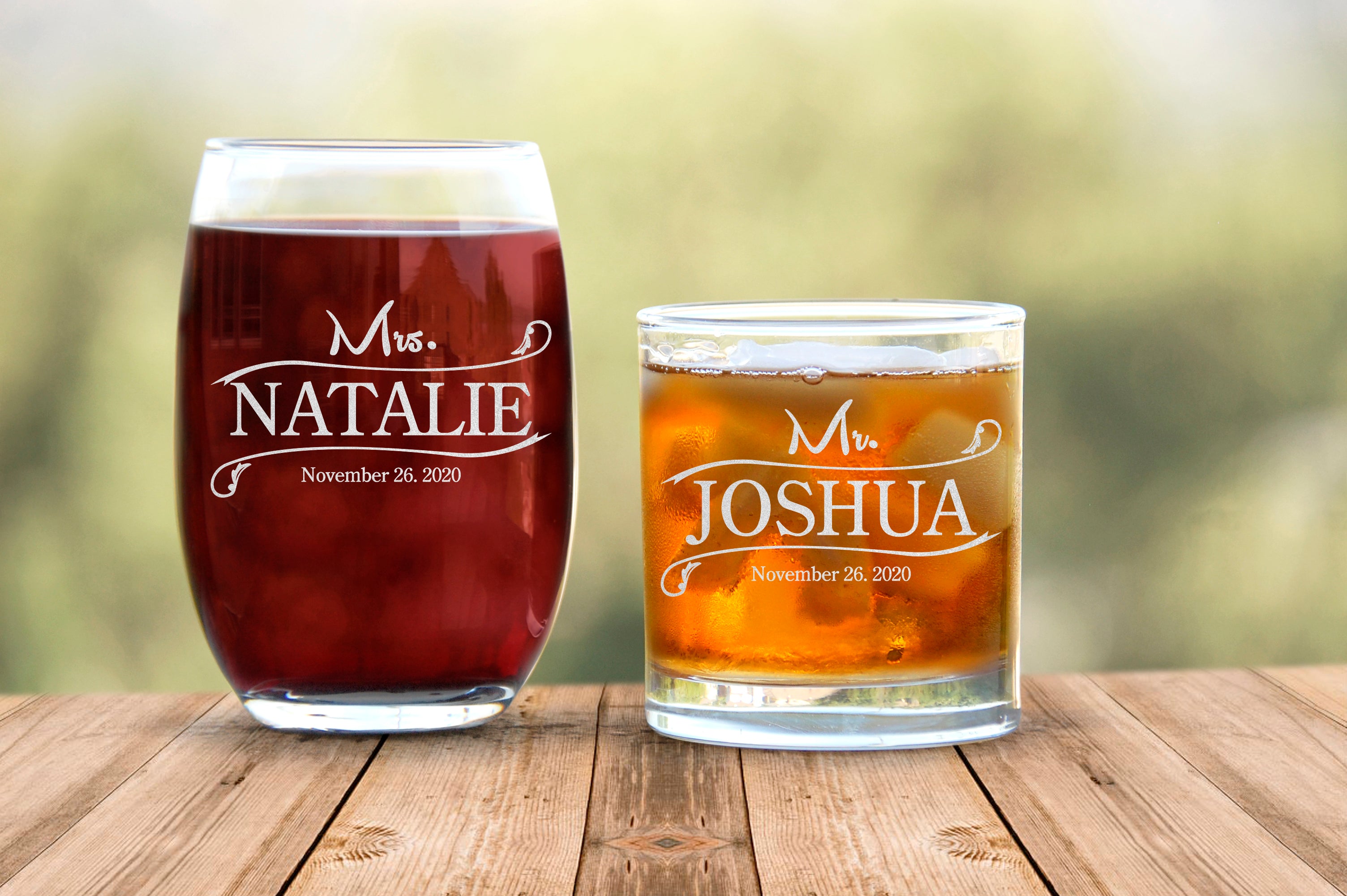Laser Etched Custom Glassware Design, Gift For Men Women, Engraved Wine And Scotch Glasses - Set Of Two, Customizable Glassware, Custom Couple Names Gift