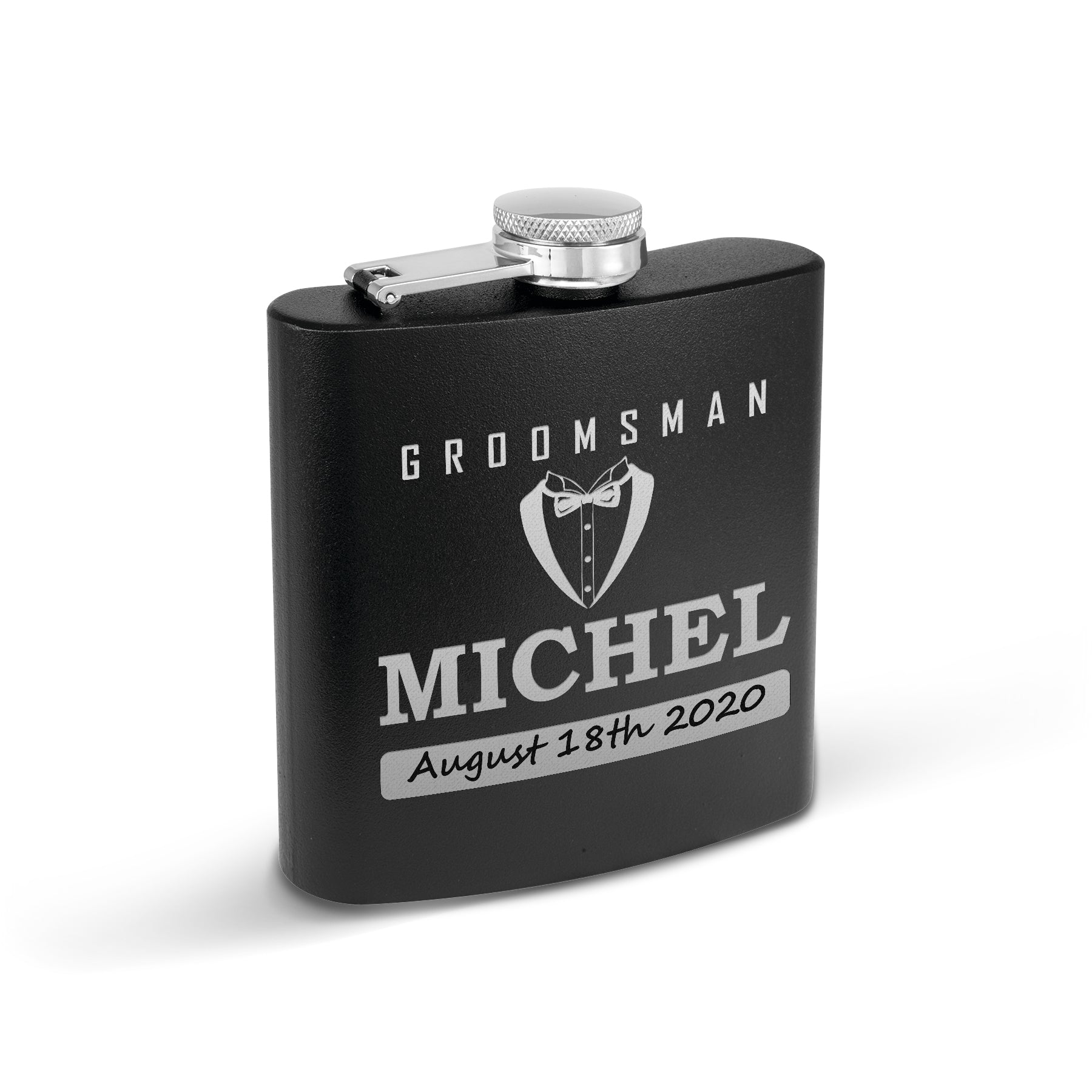 Set of 3 Flask, Groom,Bestman, Groomsman, Stainless Steel Hip Black matt , Personalized Flask,Grooms Gifts ,Tuxedo Flask