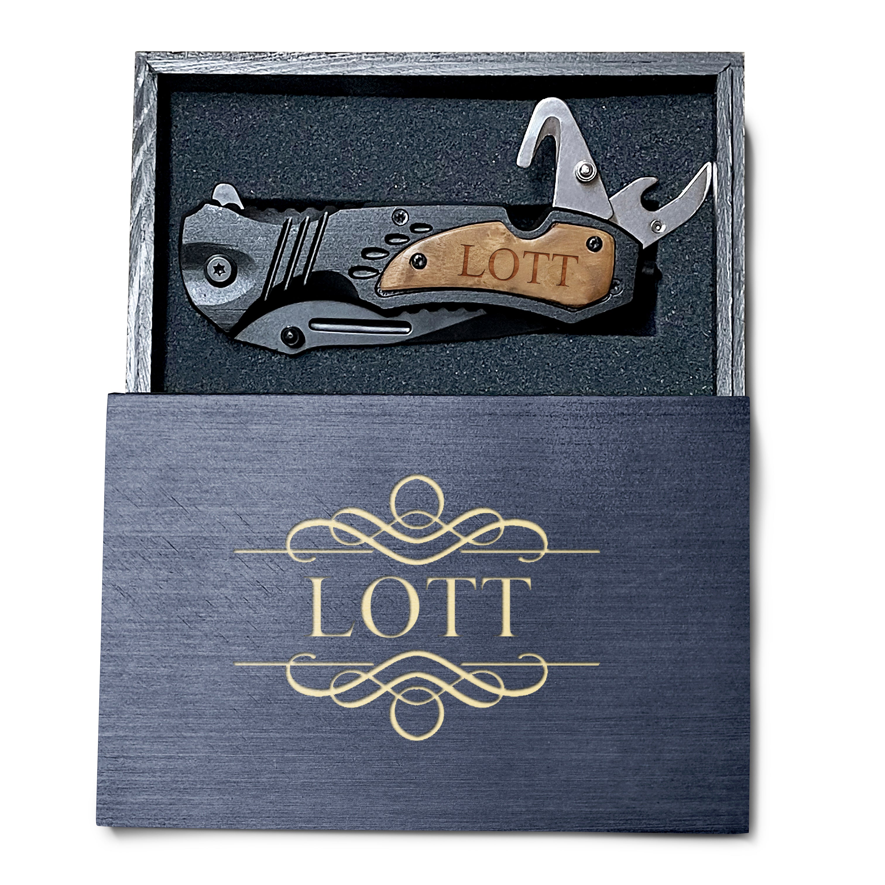 Engraved Pocket Knife With Black Color Wooden Box