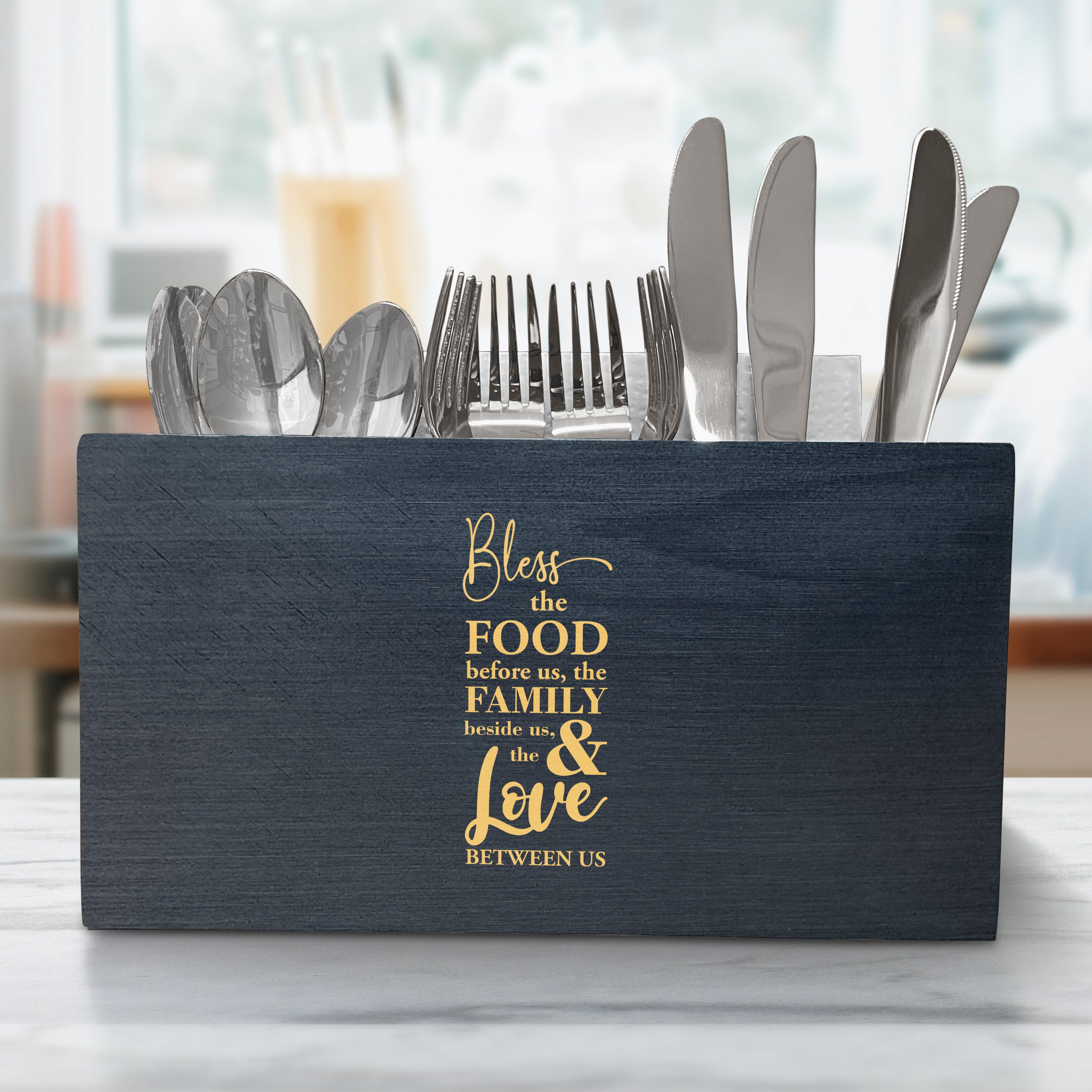 Elegant Engraved Family Quote Wooden Utensil Organizer, Kitchen Utensil Holder, Spoons Knives Forks Organizer For Dining Table & Kitchen, Utensil Organizer