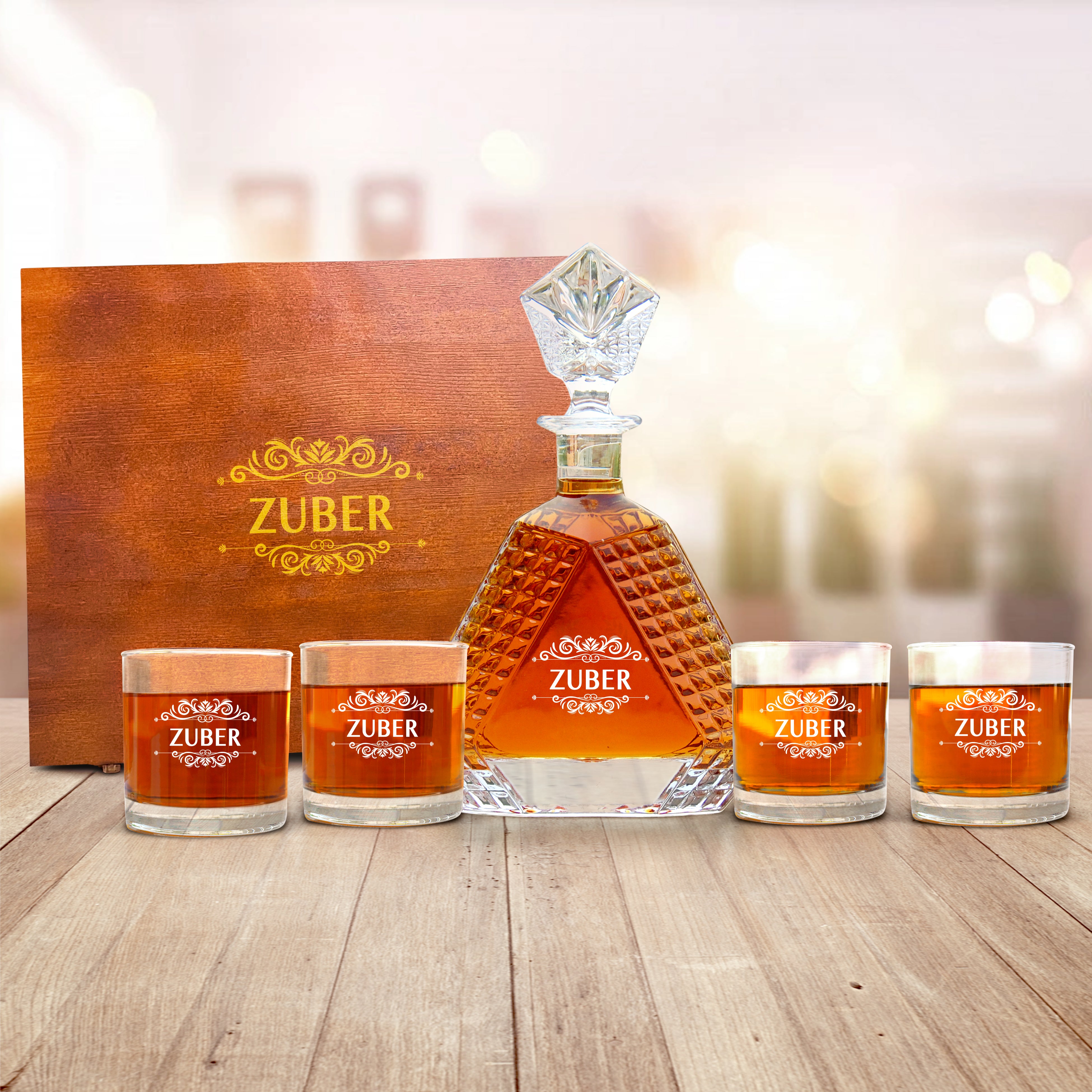 Engraved Decanter and Glasses For Scotch