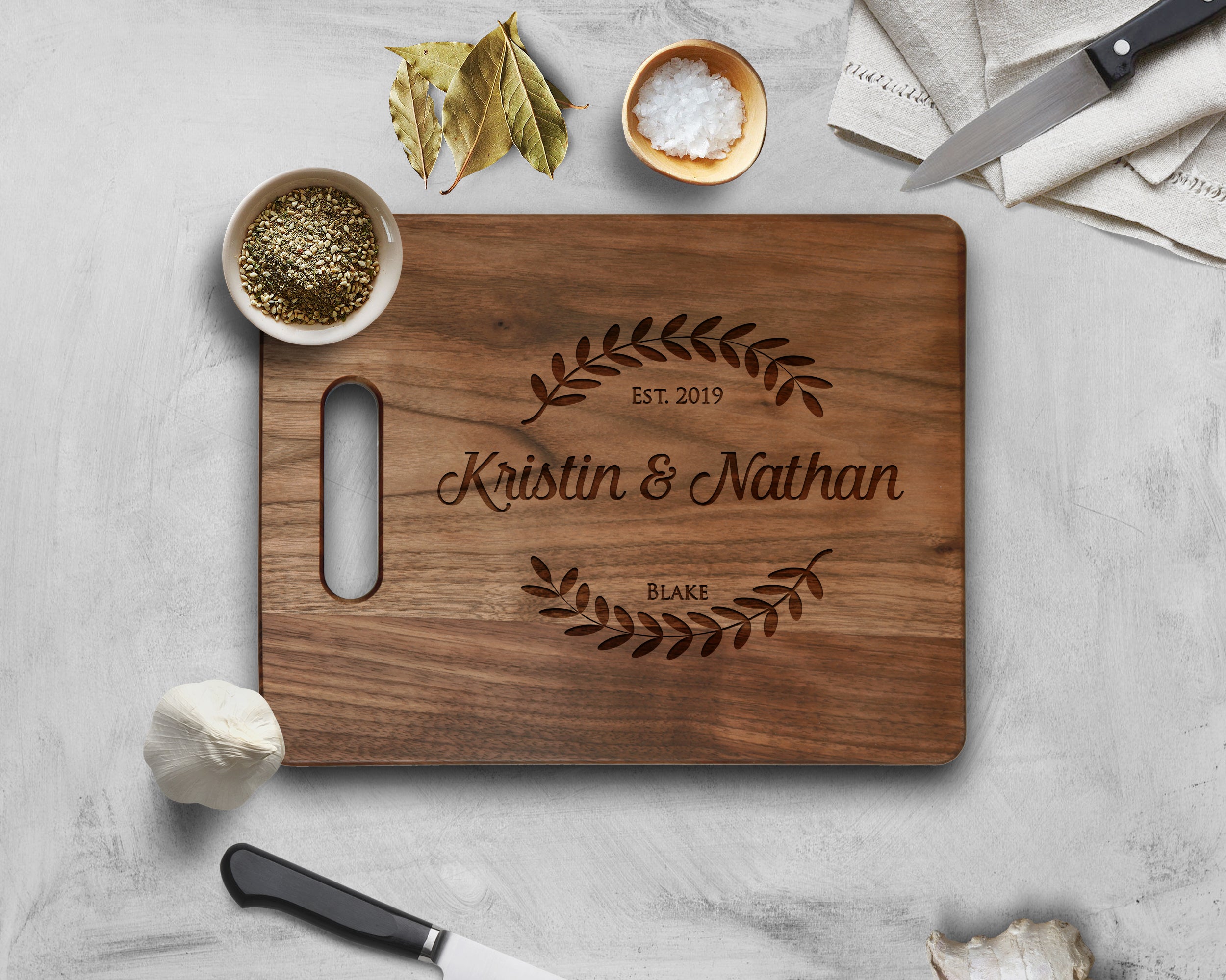 Krezy Case Walnut Cutting Board Personalized Walnut Chopping Wedding Grooms and Bride names engraved, 11.5x8.75 inch size