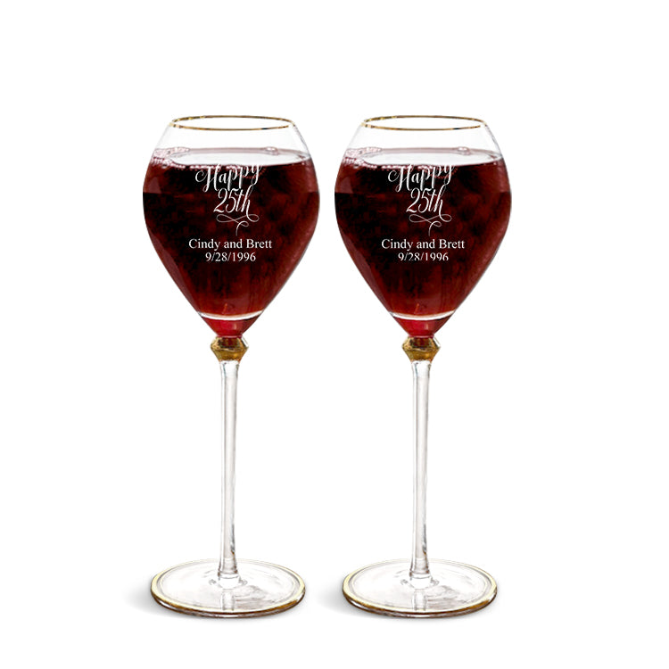 Fashionable Customized 'Happy 25th' Wedding Anniversary Glasses For Couple, Engraved Custom Glasses For Wedding Couple Set of 2