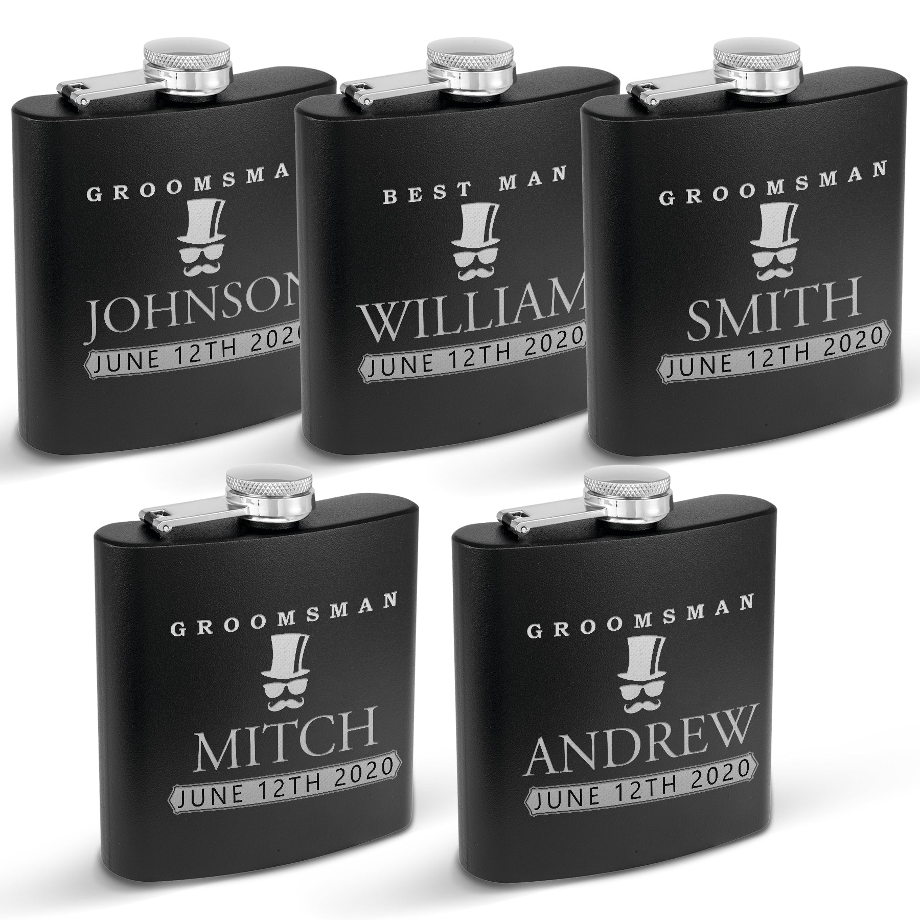 Set of 5 Hip Flasks for Best Man and Groomsman Proposal, Groomsmen Gifts for Wedding, 6oz Stainless Steel Flasks for Weddings, Bachelor Party Team Gifts