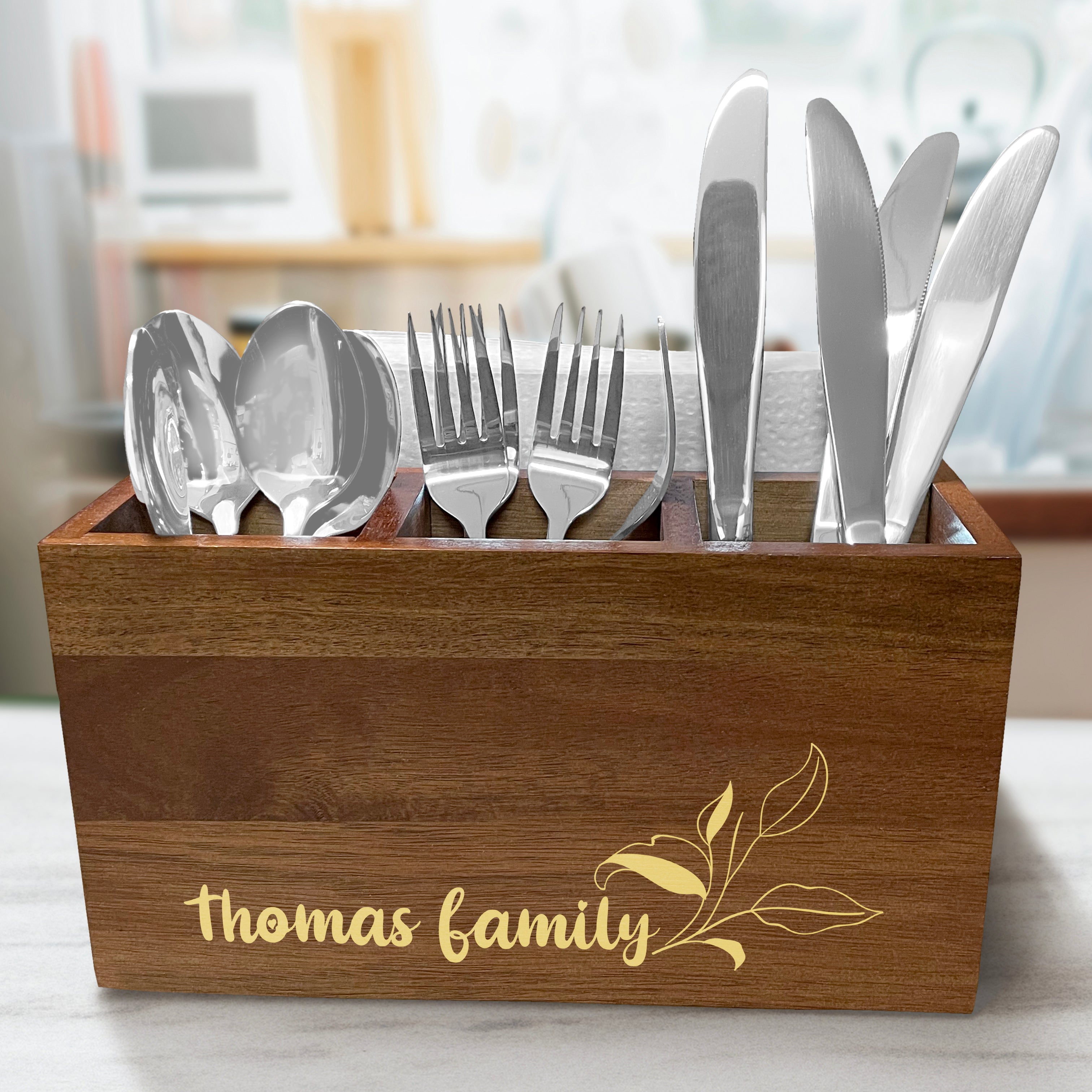 Personalized Leaves Caddy - Wooden Utensil Crock - Wooden Utensil Storage box